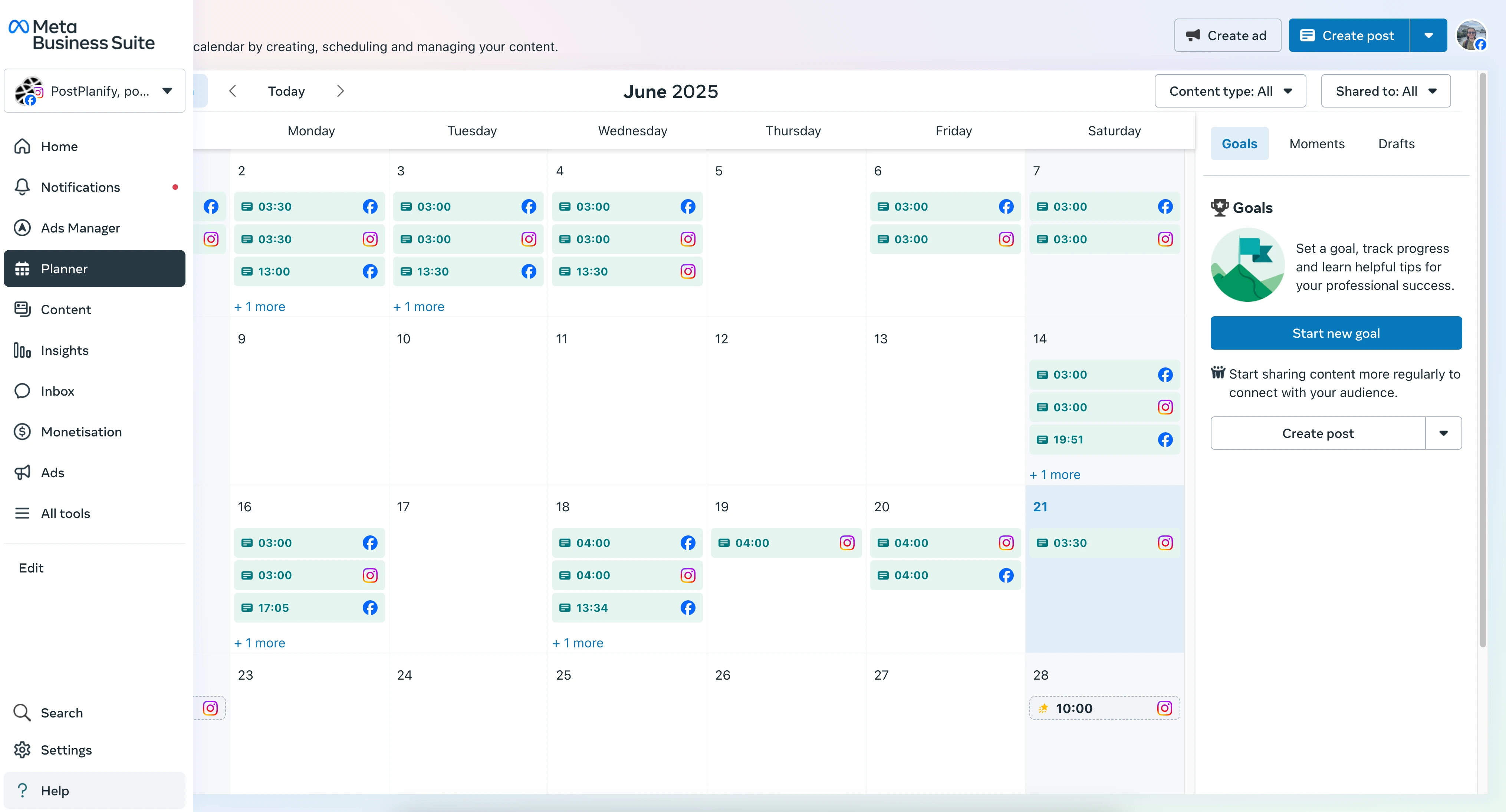 Meta Business Suite interface showing Facebook and Instagram post scheduling with date and time picker