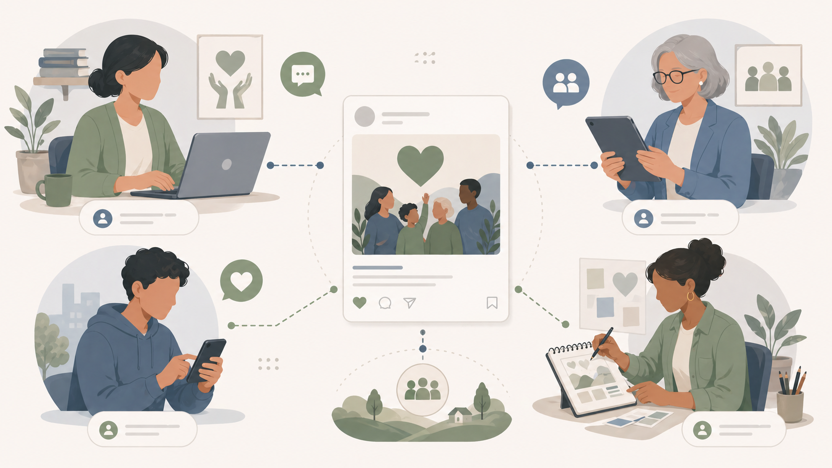 Nonprofit team collaborating on social media content for a fundraising campaign