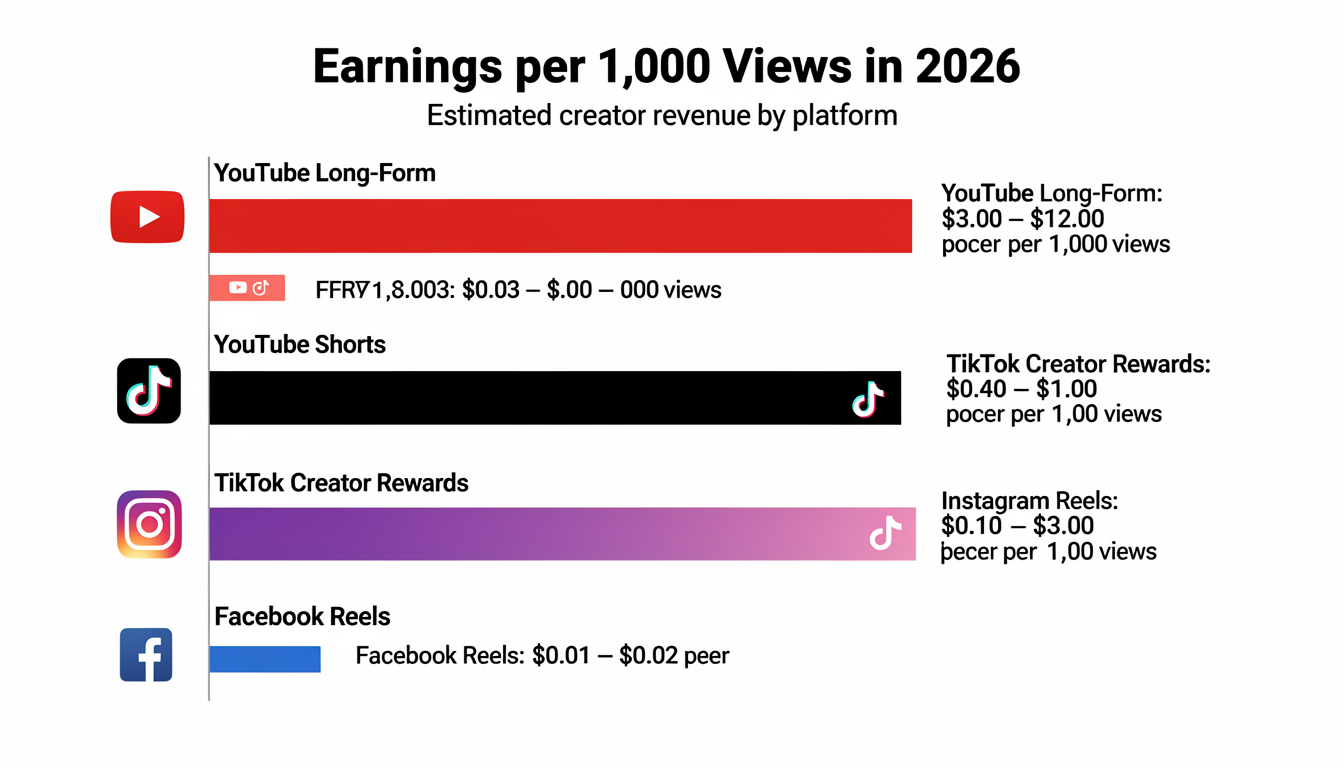 Side-by-side comparison chart of YouTube, TikTok, Instagram Reels, and Facebook Reels earnings per 1,000 views, with YouTube shown significantly higher.