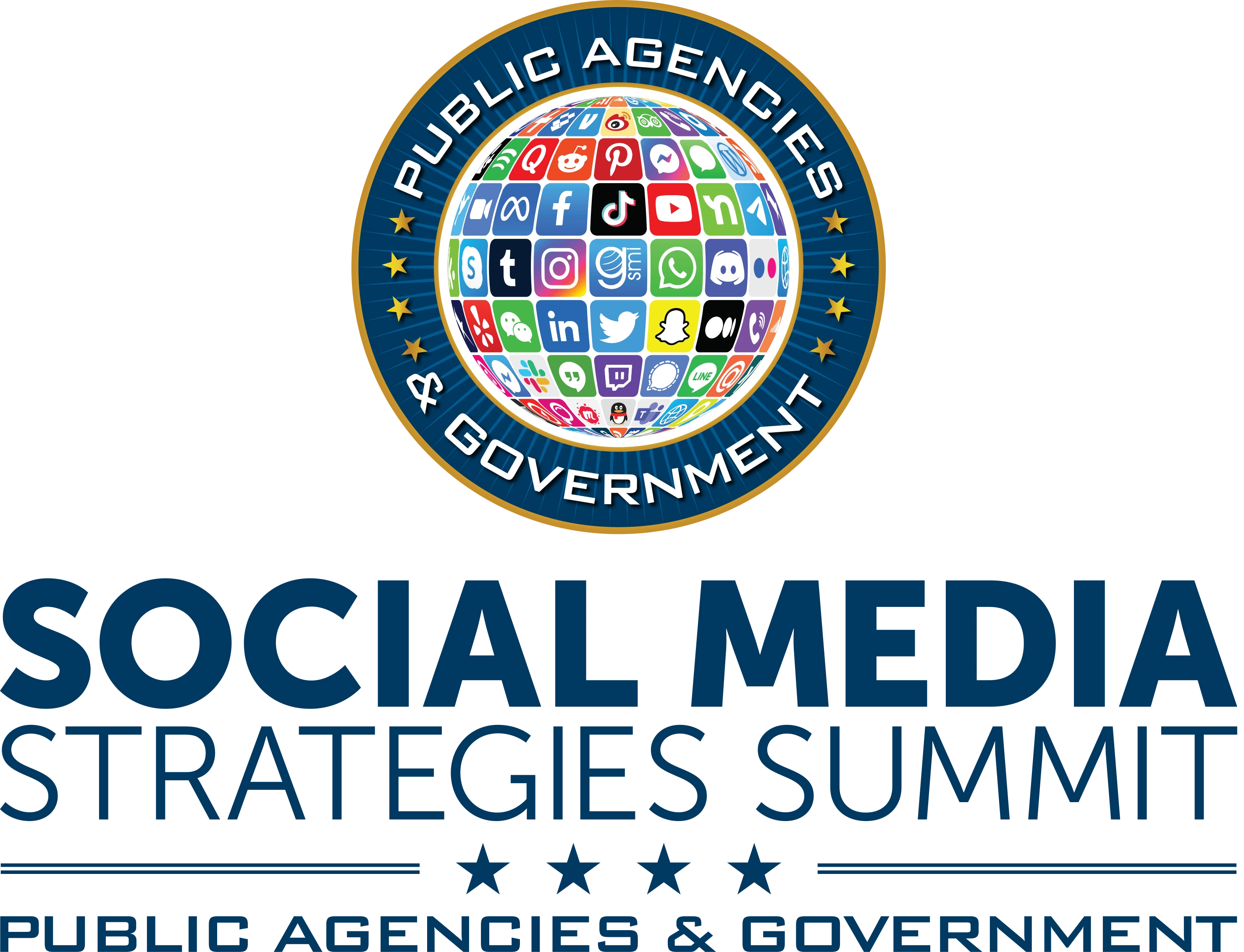 Social Media Strategies Summit for Public Agencies and Government logo with a seal of stars around a globe of social media icons.