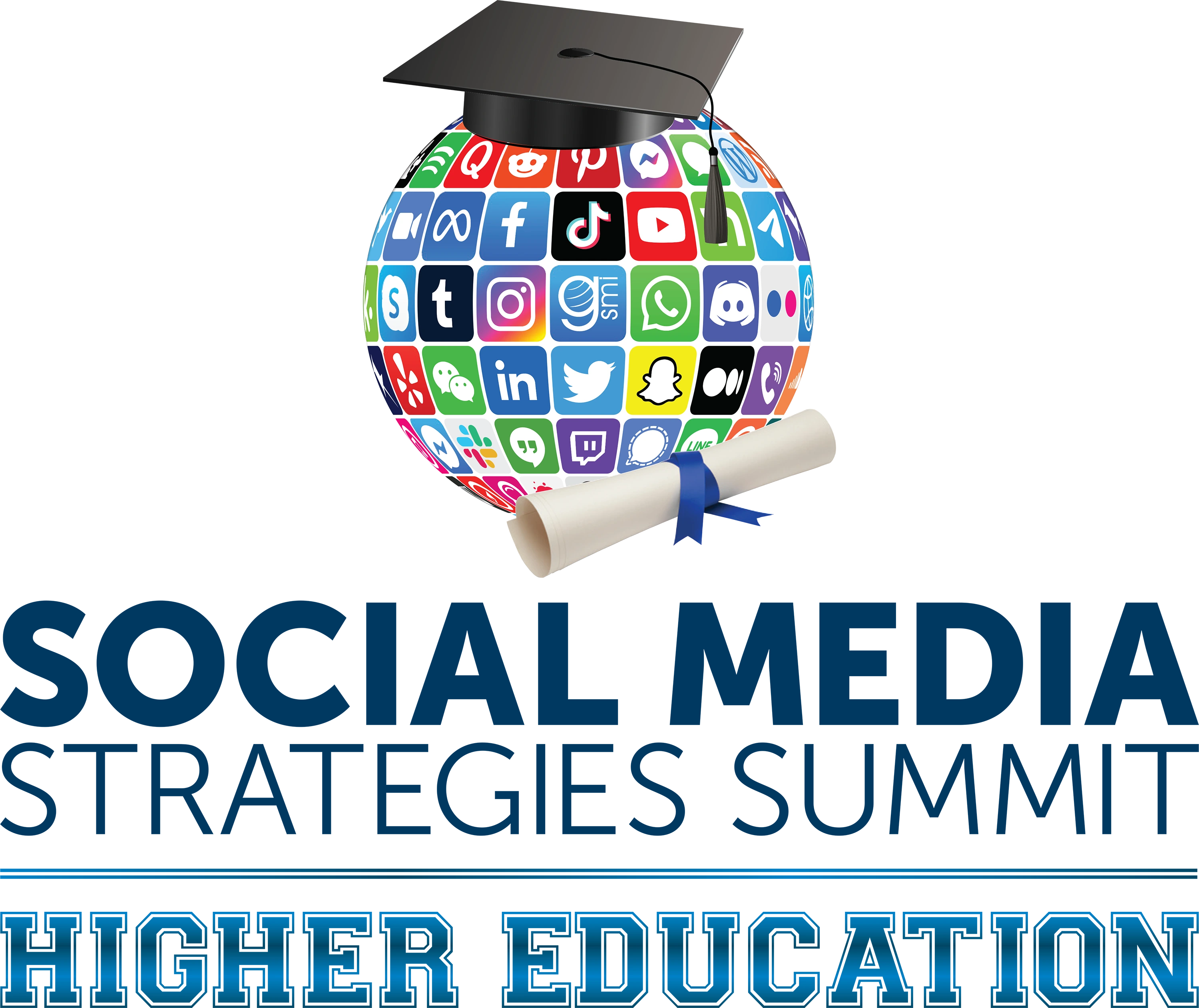 Social Media Strategies Summit Higher Ed logo: a globe of social media icons wearing a graduation cap with a diploma.