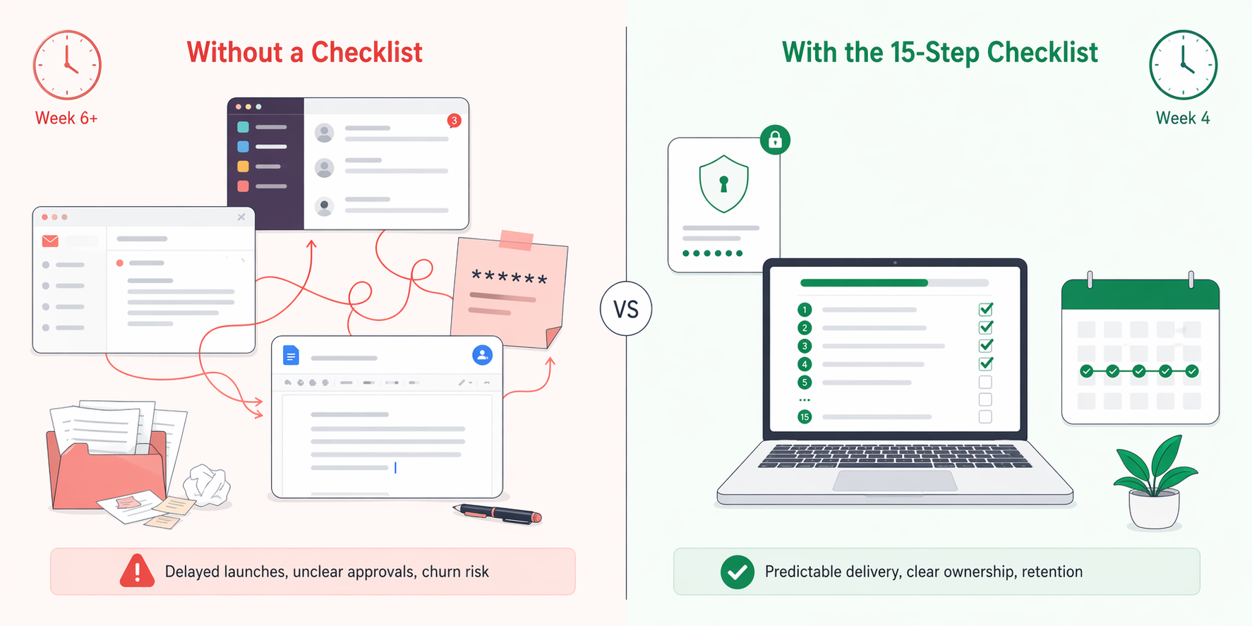 Five phases of social media agency client onboarding shown on a horizontal timeline with pre-kickoff, discovery, setup, kickoff, and launch