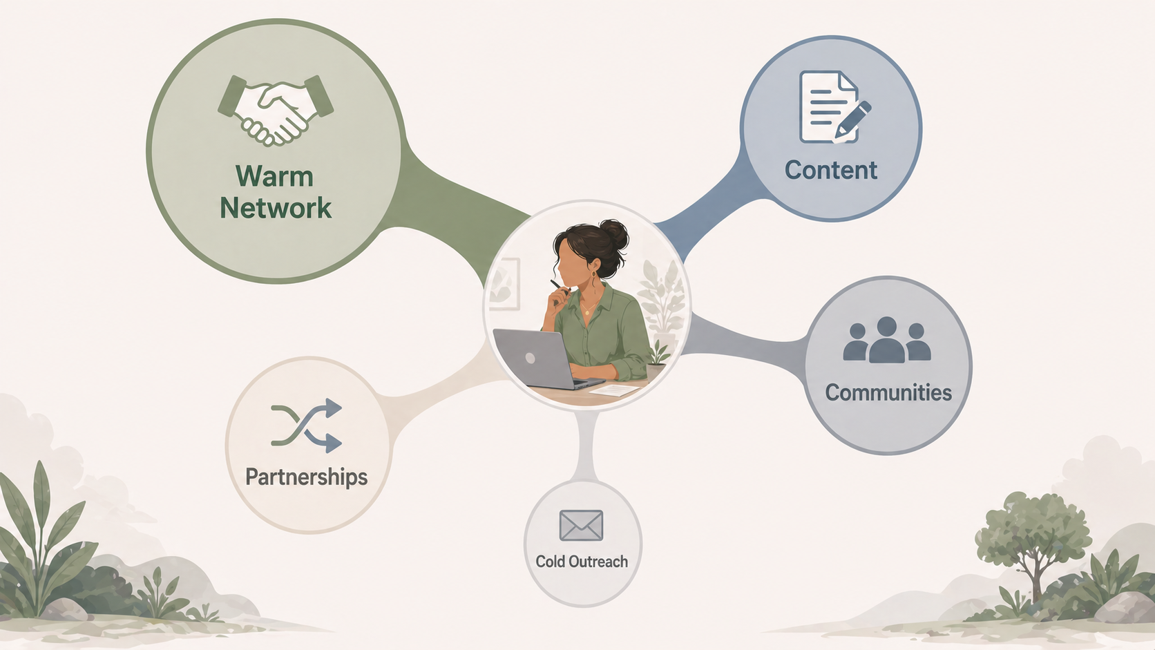 New agency owner running first-client outreach across warm network and content channels