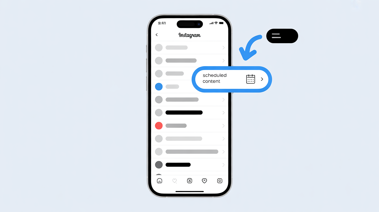 Instagram app navigation showing how to find scheduled content through profile menu with hamburger icon and Scheduled content option highlighted
