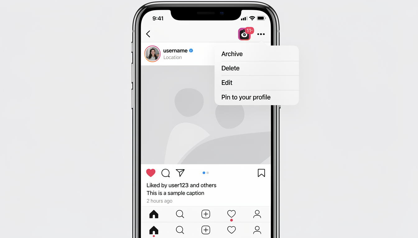 Instagram post options menu showing the Archive button with the three-dot menu icon highlighted in the top-right corner of a post