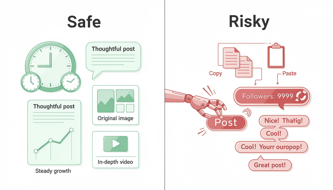 A split-screen comparison showing safe Twitter behaviors on one side (varied posting, genuine replies, mixed content) versus risky behaviors on the other side (mass following, duplicate content, generic replies) with clear visual contrast