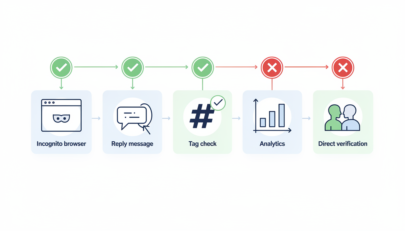 A step-by-step visual checklist showing the five shadowban detection methods — incognito search, reply visibility, hashtag test, analytics review, and direct verification — arranged as a flowchart