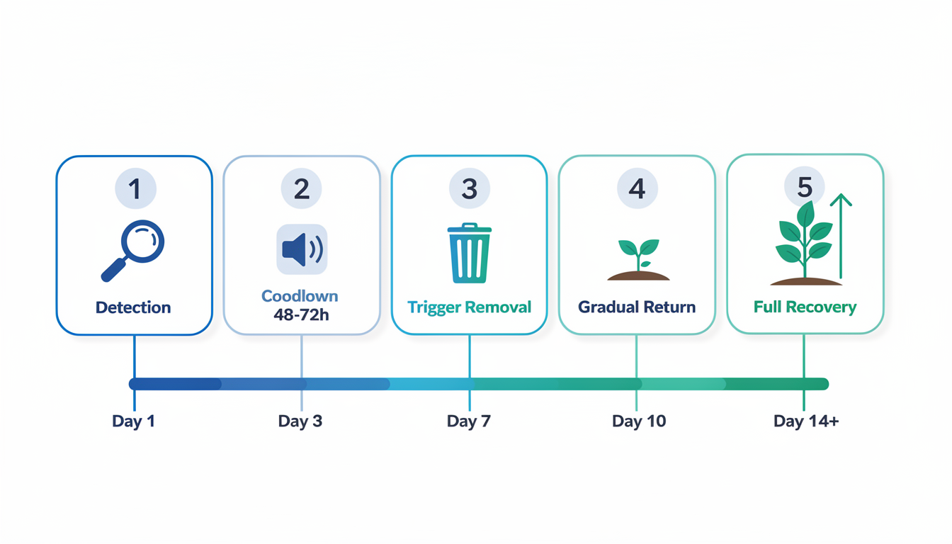A timeline visualization showing Twitter shadowban recovery phases — from detection through cooldown, trigger removal, gradual re-engagement, and full recovery — with expected durations for each phase