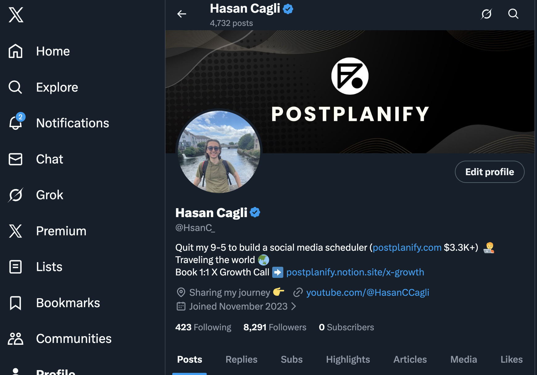 An X profile with a good written name and description, plus an example profile photo + banner.