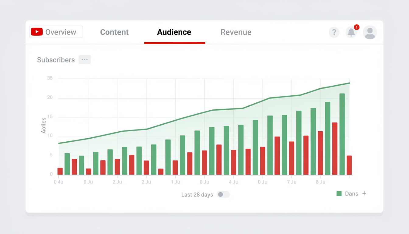YouTube Analytics Audience tab showing a subscriber growth chart with daily gains and losses over 28 days