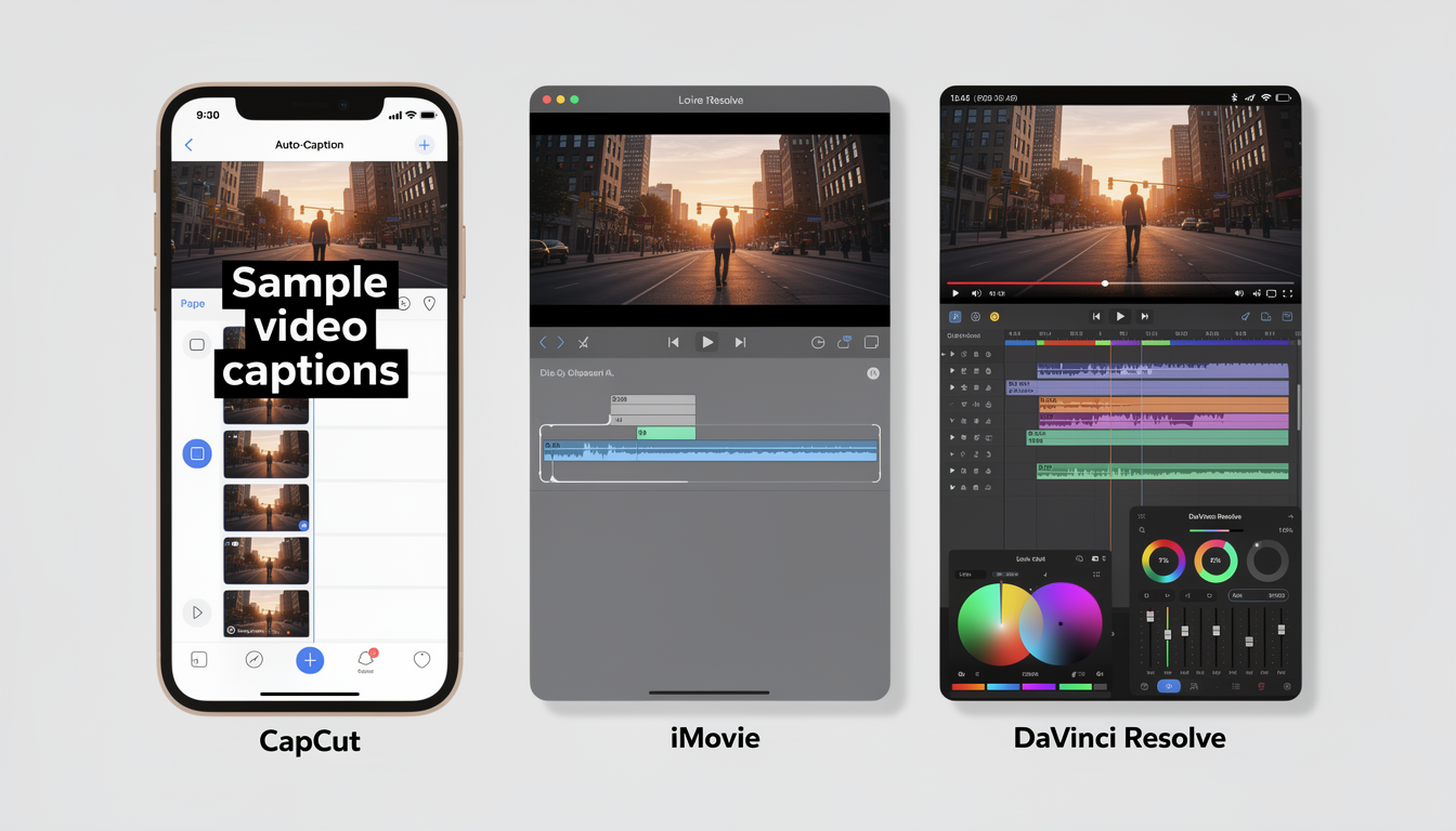 Side-by-side comparison of three video editing interfaces — CapCut, iMovie, and DaVinci Resolve — each showing a YouTube video being clipped on the timeline with aspect ratio settings visible
