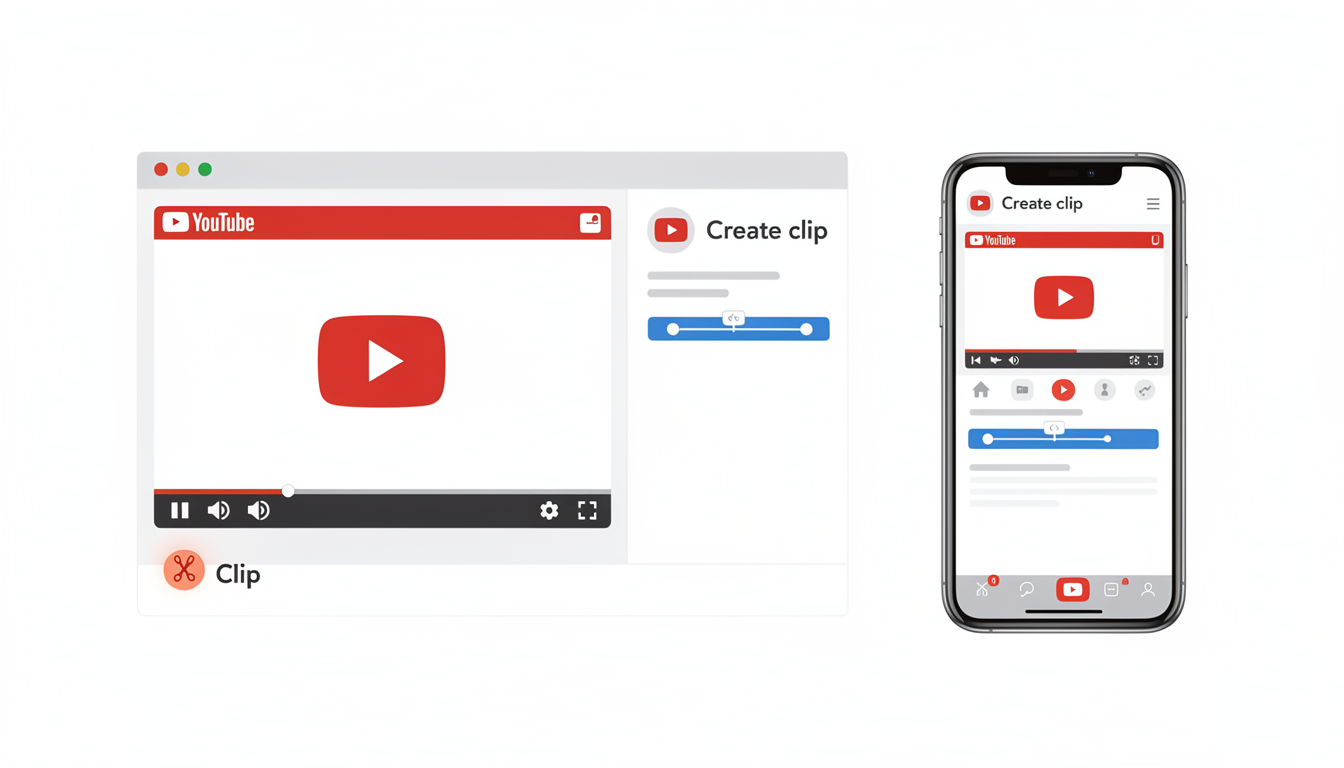 Step-by-step illustration showing the YouTube Clip tool interface on both desktop and mobile, with the scissors icon highlighted and the blue slider for selecting clip duration