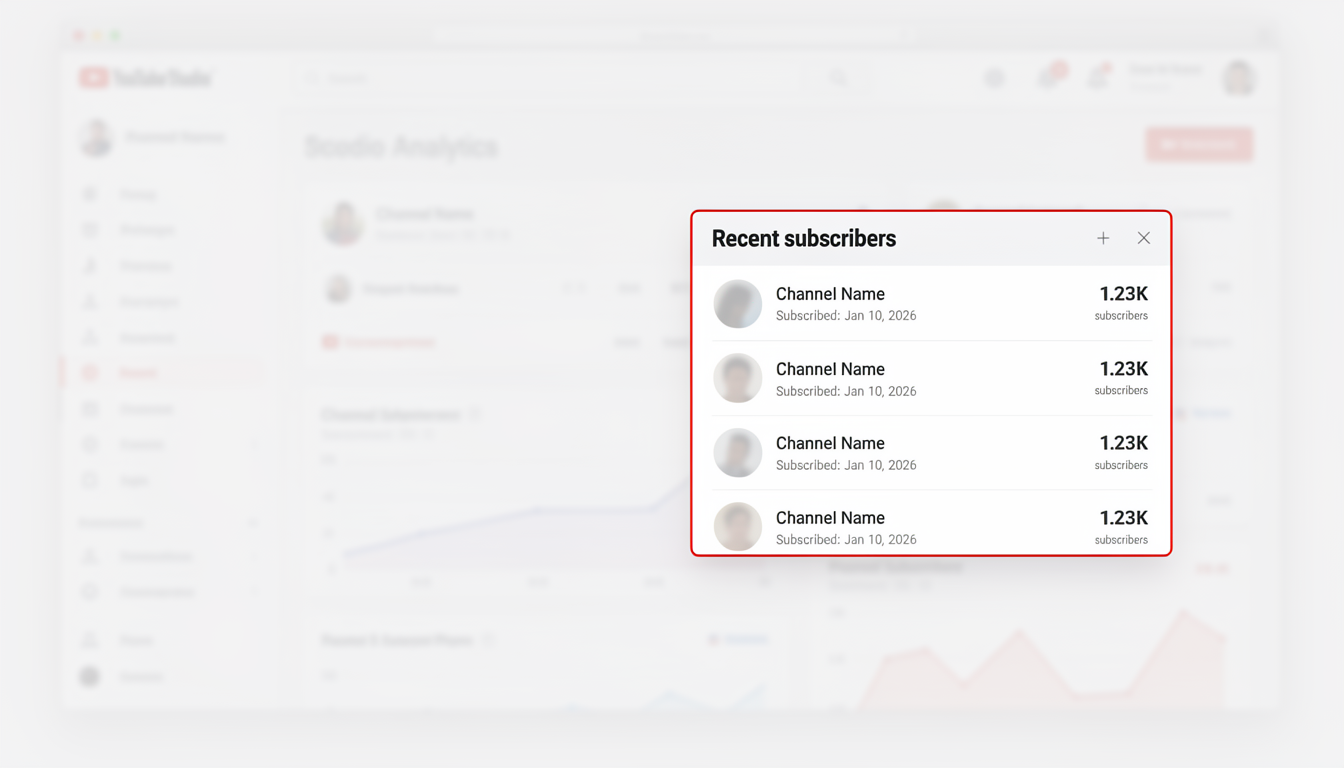 YouTube Studio dashboard showing the Recent Subscribers card with subscriber names, profile pictures, and subscription dates