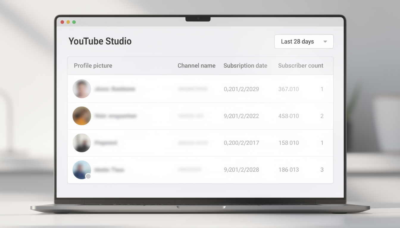 YouTube Studio subscriber list expanded view showing subscriber names, subscription dates, and sorting options