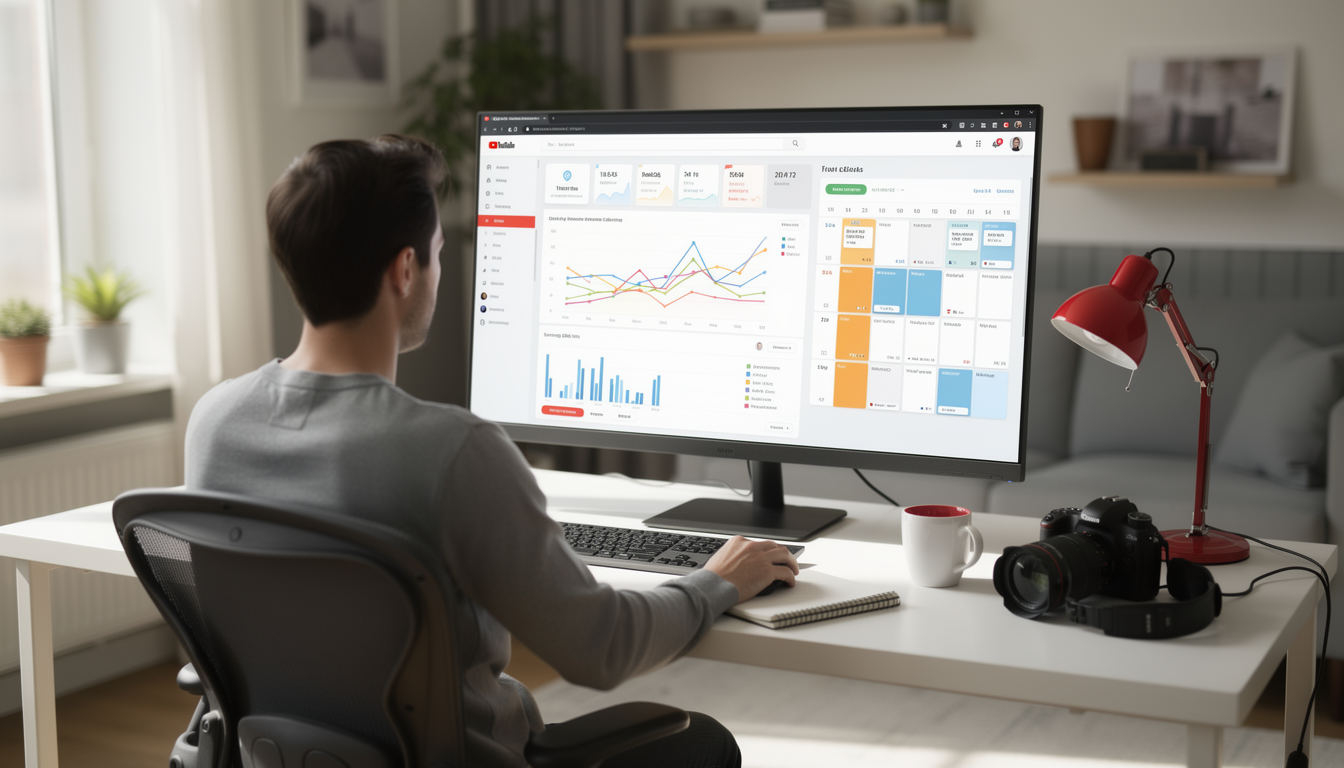 A creator reviewing subscriber analytics on a monitor with a content calendar and growth chart visible on screen