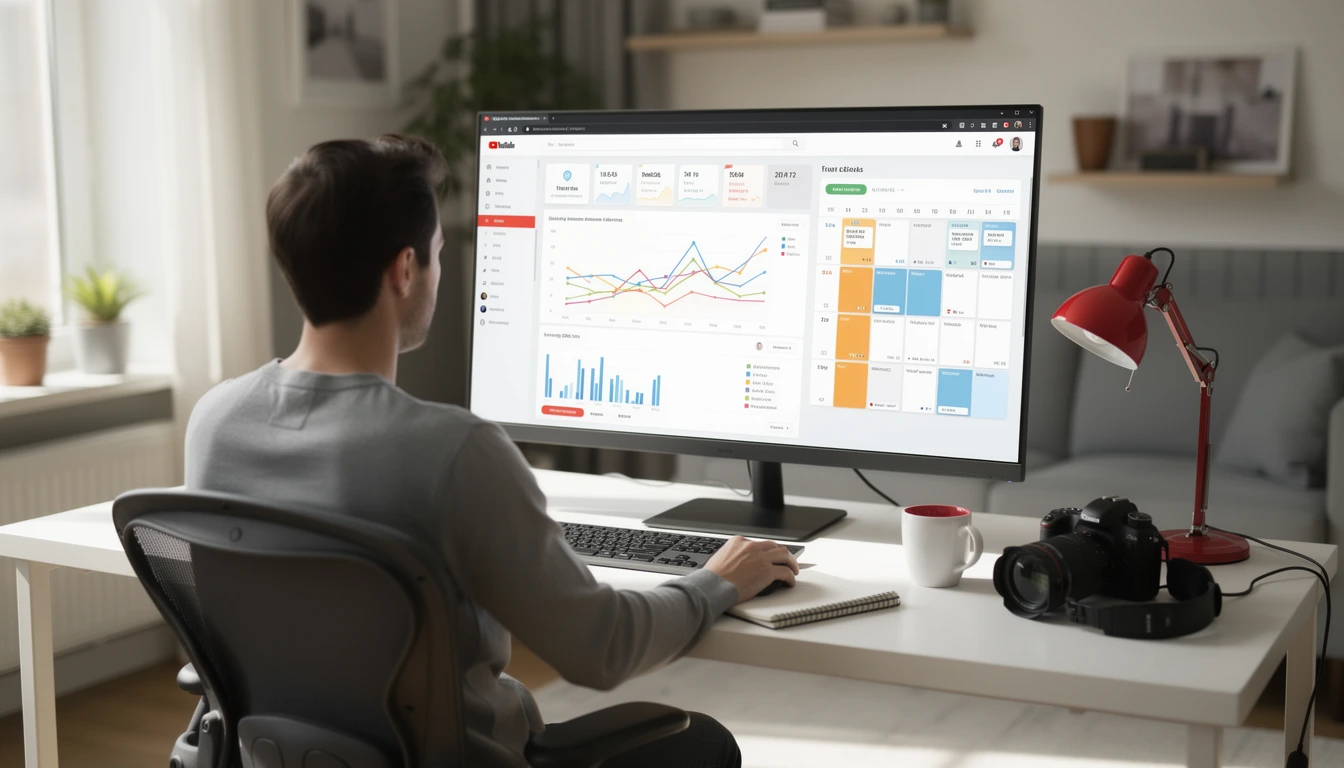 A creator reviewing subscriber analytics on a monitor with a content calendar and growth chart visible on screen