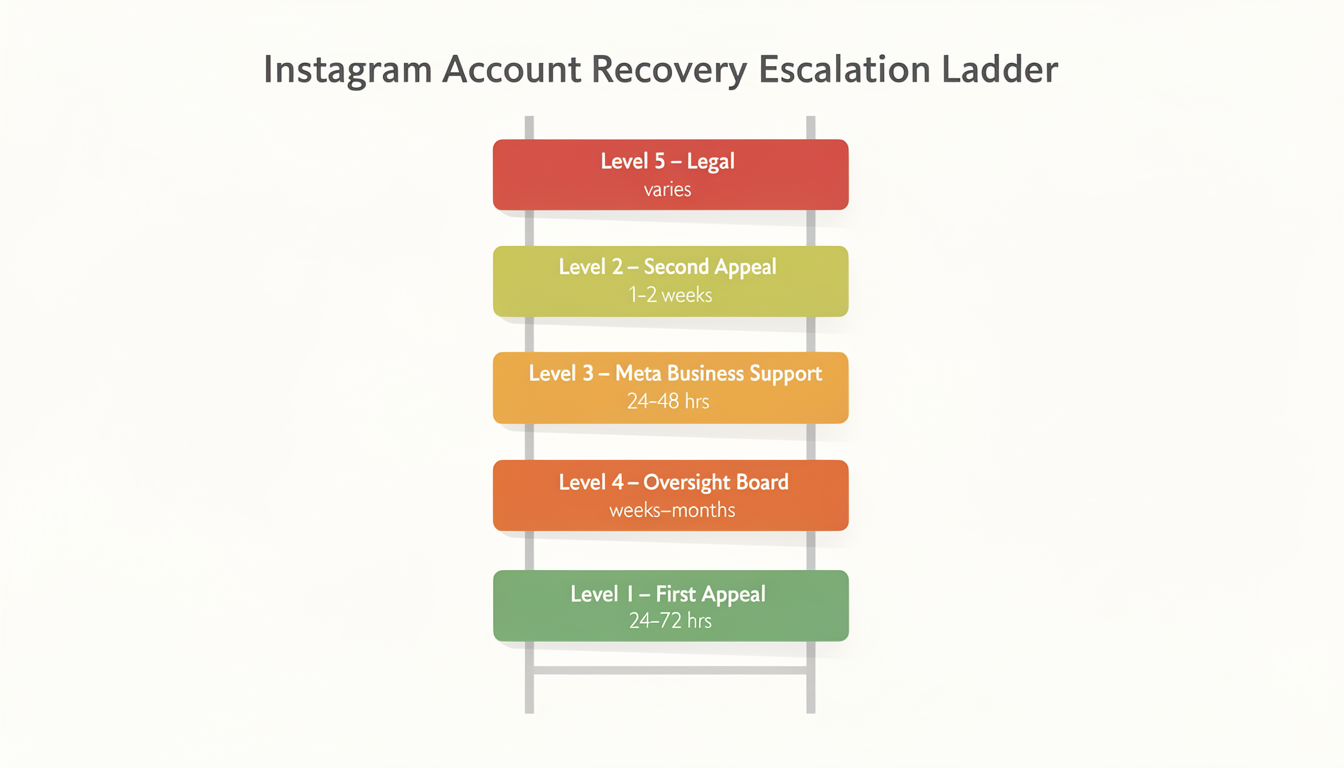 Step-by-step escalation ladder for Instagram account recovery: starting with first appeal at the bottom, moving up through second appeal, Meta Business Support, Facebook support forms, Oversight Board, and legal channels at the top — with estimated response times at each level
