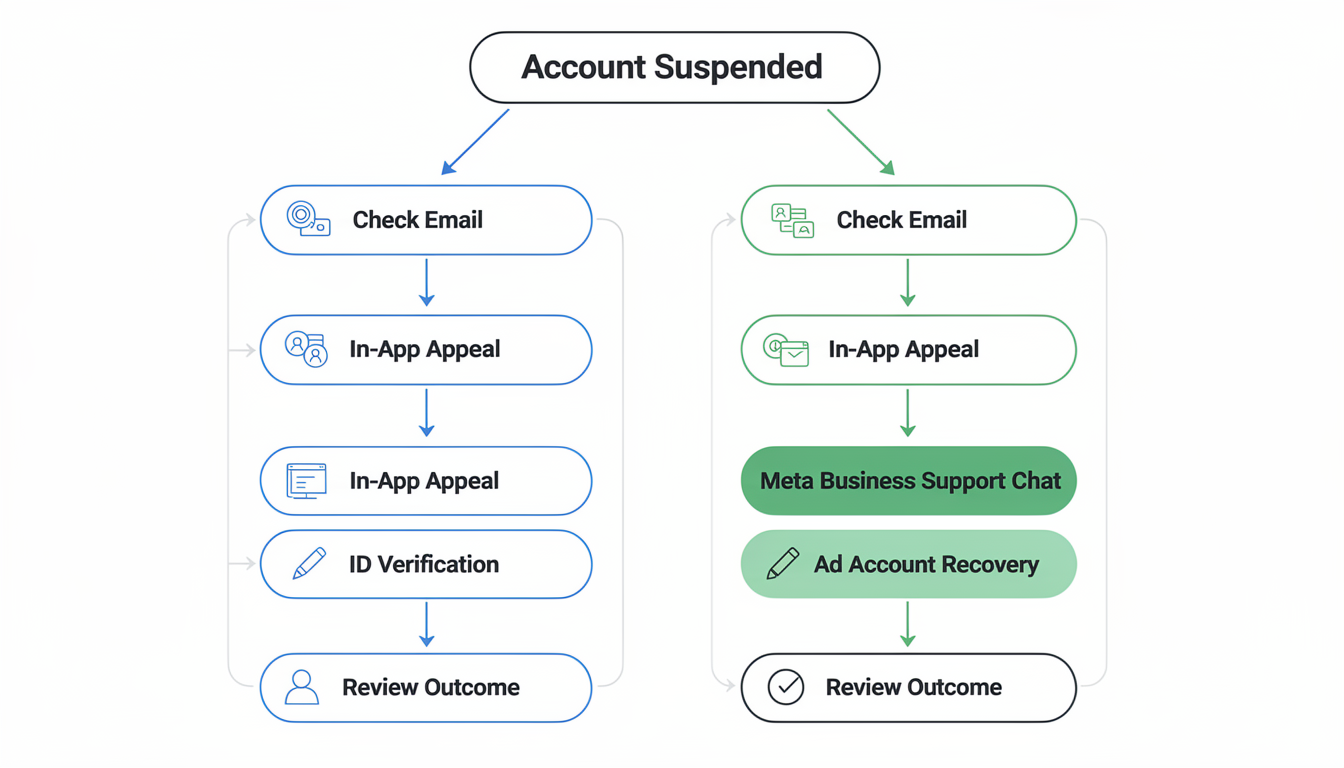 Flowchart showing two parallel recovery paths for Instagram account suspension: Personal Account path on the left with app appeal and ID verification steps, and Business/Creator Account path on the right with additional Meta Business Support and ad account recovery steps