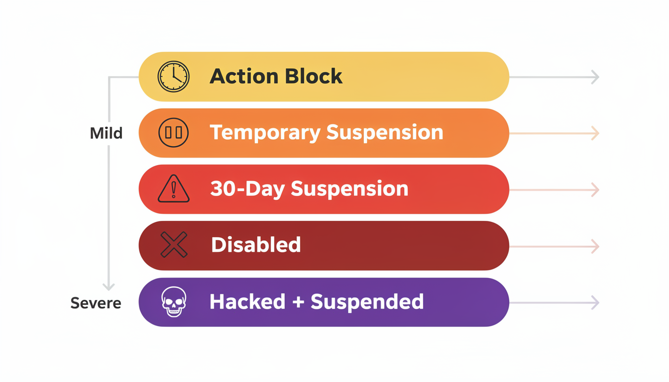 Table comparing Instagram account statuses: action block, temporary suspension, 30-day suspension, disabled, and hacked — showing login access, time to act, and recovery difficulty for each