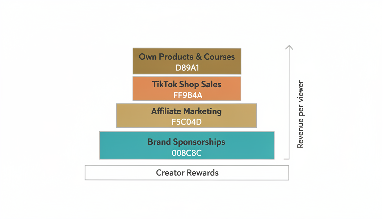 Diagram showing the TikTok creator income stack: Creator Rewards at the base, then brand sponsorships, affiliate marketing, TikTok Shop sales, and own products/services at the top generating the most revenue.
