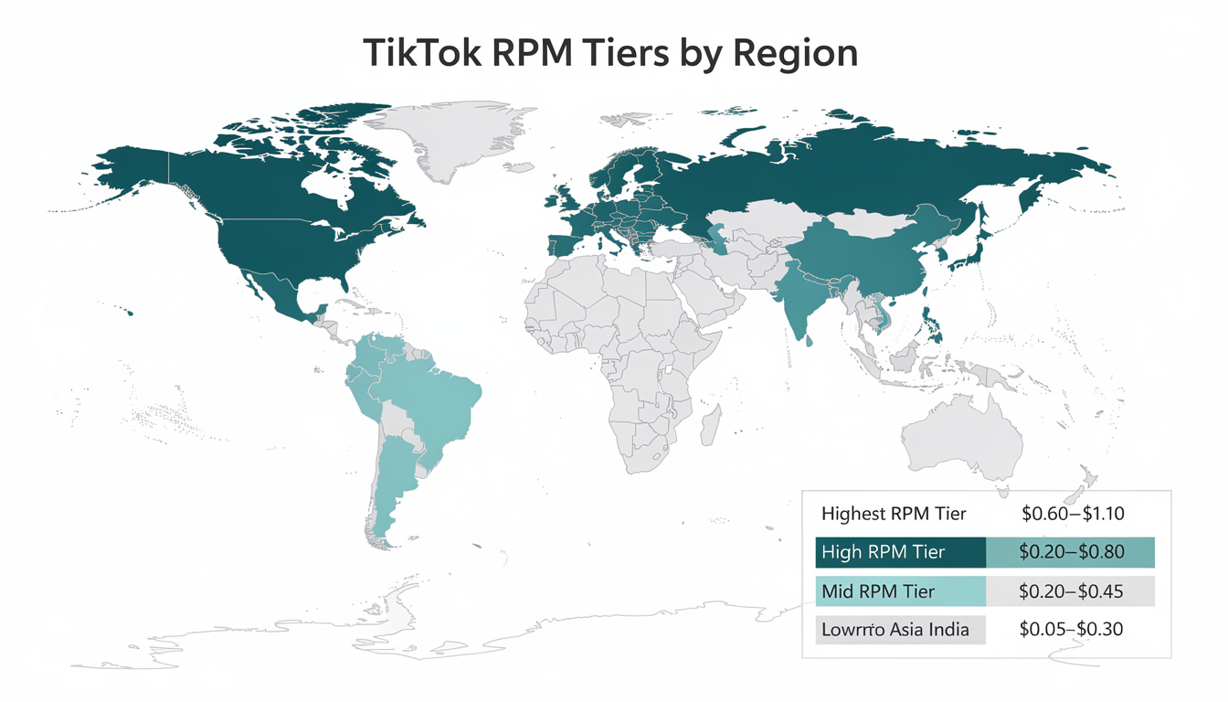World map showing TikTok RPM tiers by region, with North America and Western Europe in the highest tier, East Asia in mid-tier, and South Asia and Africa in the lowest tier.