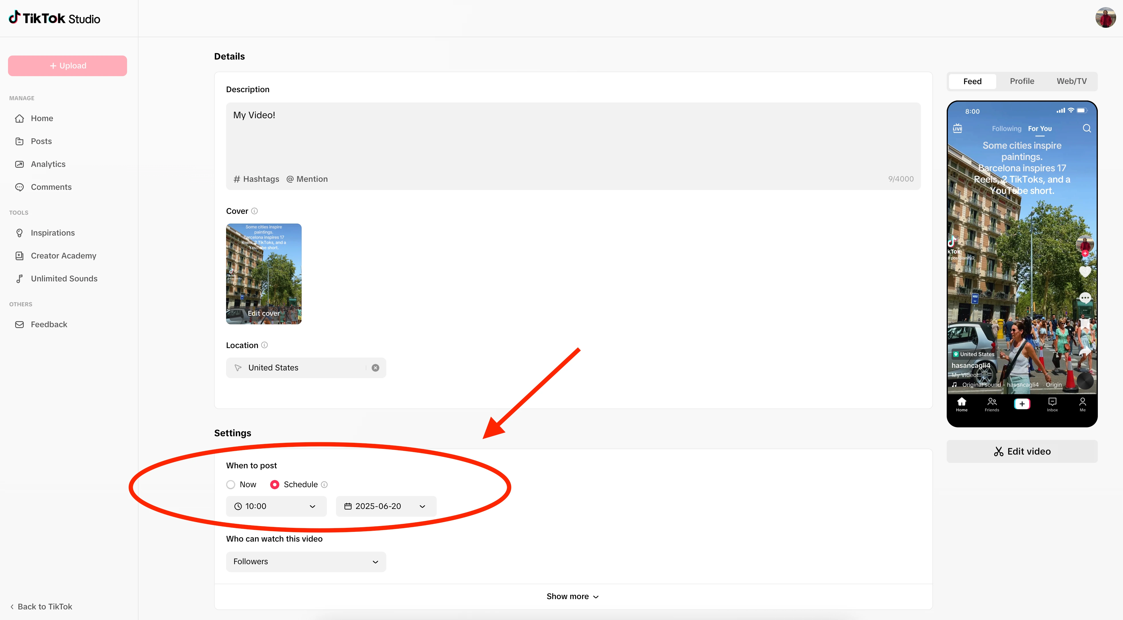 TikTok Native scheduler interface in TikTok Studio