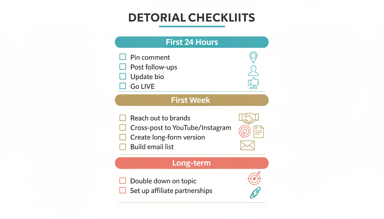 Step-by-step action plan checklist showing what creators should do in the first 24 hours, first week, and long-term after a TikTok video goes viral.