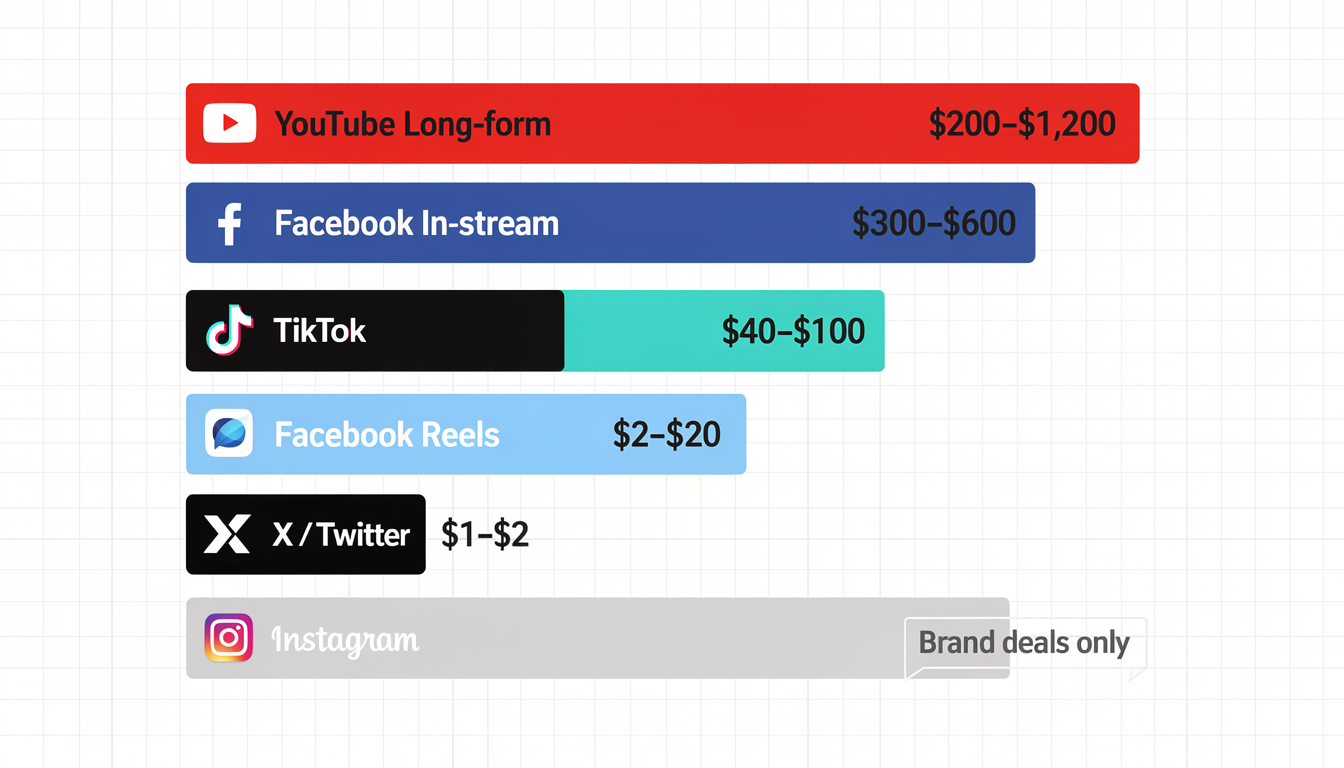 Bar chart comparing earnings per 100,000 views across major social media platforms in 2026, with YouTube long-form leading at $200–$1,200 and platforms like Instagram and Pinterest showing $0 in direct platform payments