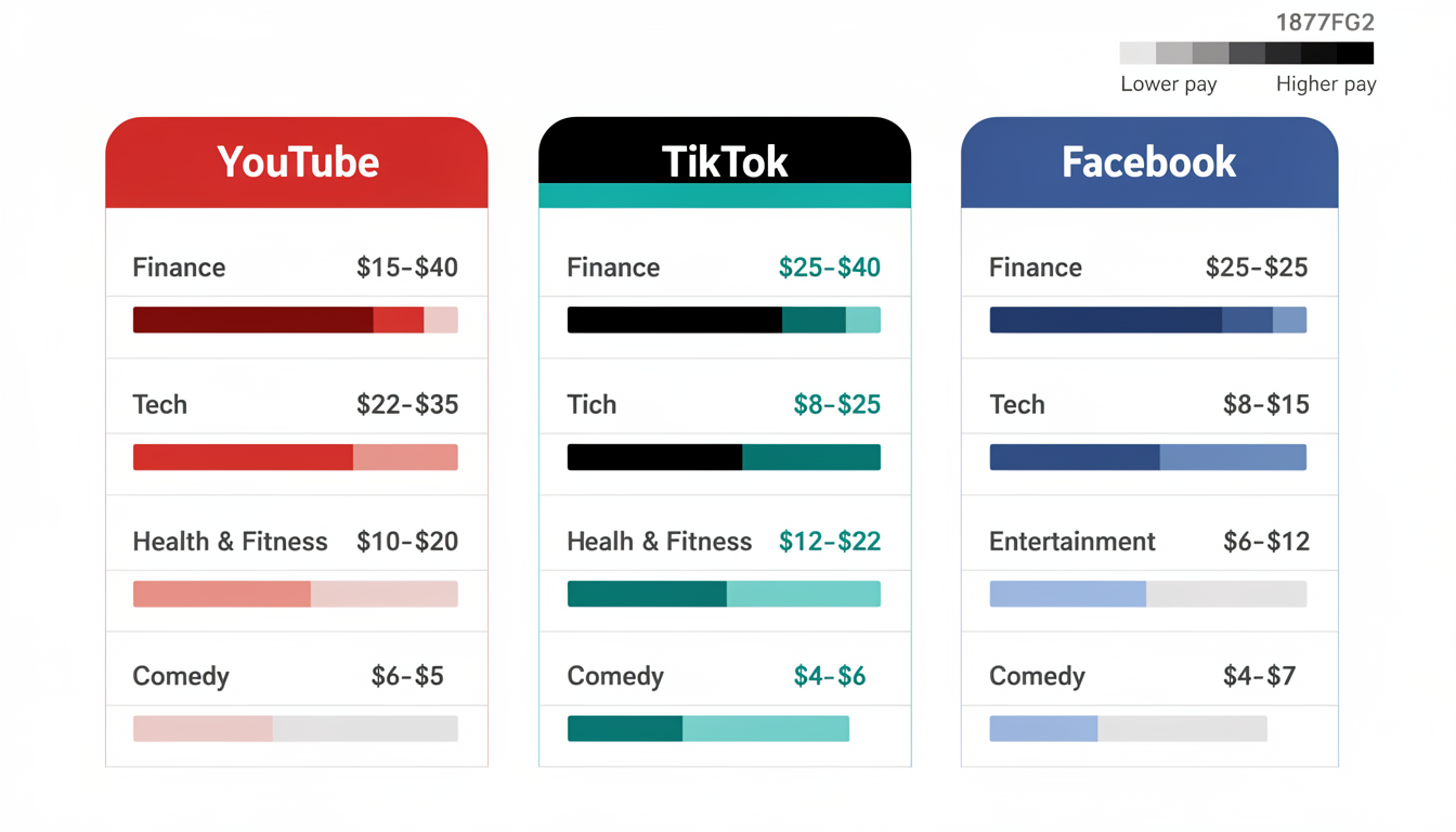 Infographic showing how creator earnings vary by content niche across YouTube, TikTok, and Facebook — with finance and tech niches earning significantly more than entertainment and comedy