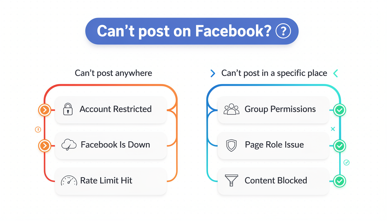 Diagnostic flowchart showing how to identify why you can't post on Facebook — starting with 'Can you post anywhere?' and branching into account issues, content issues, and platform-specific problems