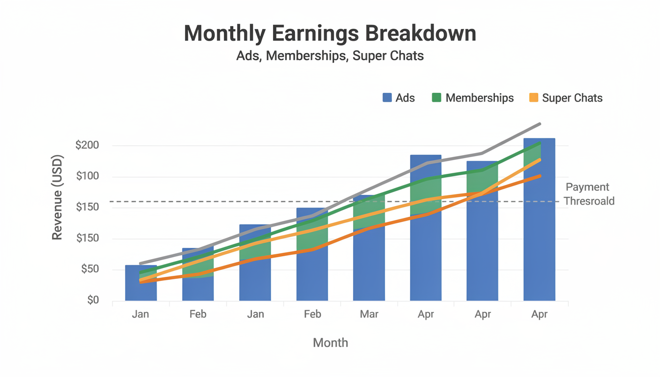 Earnings dashboard mockup showing monthly YouTube revenue from multiple streams — ad revenue, memberships, Super Chats — with a growth trend line and $100 payment threshold indicator.