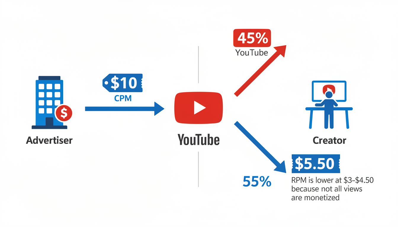 Infographic showing the flow of ad revenue from advertiser to YouTube to creator, illustrating the 45/55 revenue split and the difference between CPM and RPM.