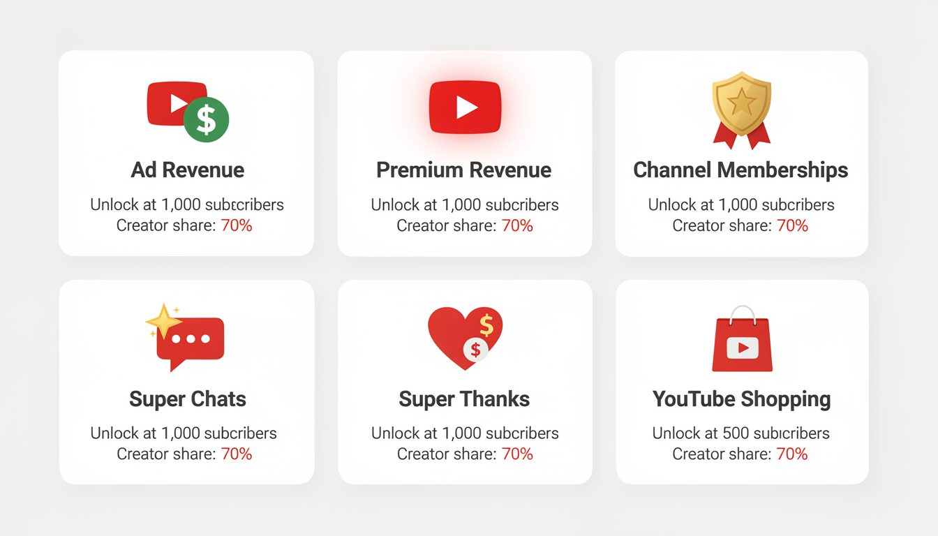 Visual breakdown of YouTube's six revenue streams — ad revenue, YouTube Premium, channel memberships, Super Chats, Super Thanks, and YouTube Shopping — with icons and unlock requirements for each.