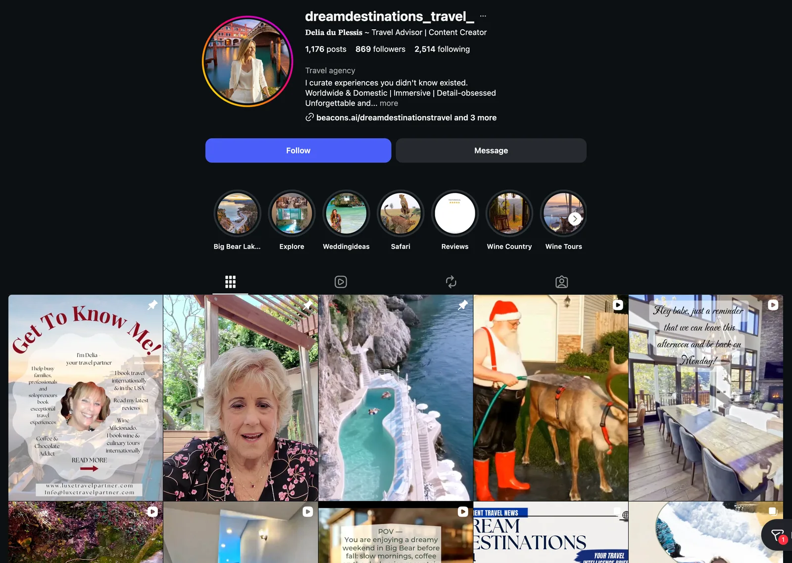 Dream Destination Travel on Instagram, with story highlights for Big Bear Lake, Safari, Wedding ideas and Wine Country