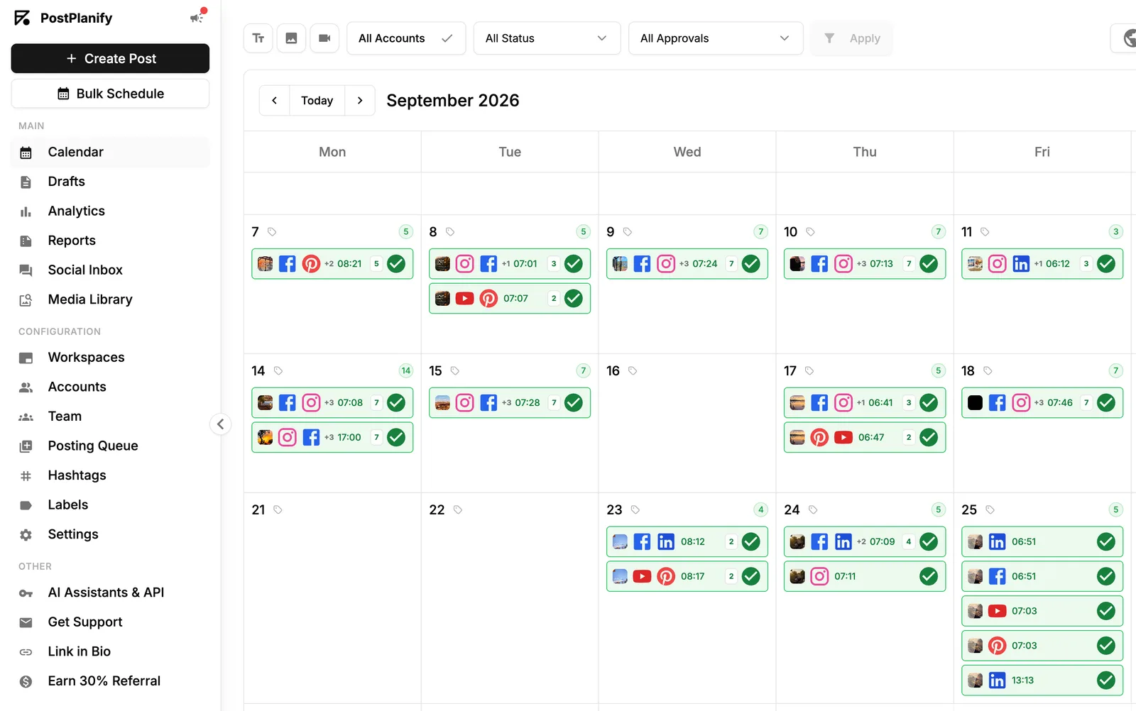 Delia's PostPlanify content calendar for September 2026, with posts published to Facebook, Instagram, Pinterest, YouTube and LinkedIn on most weekdays