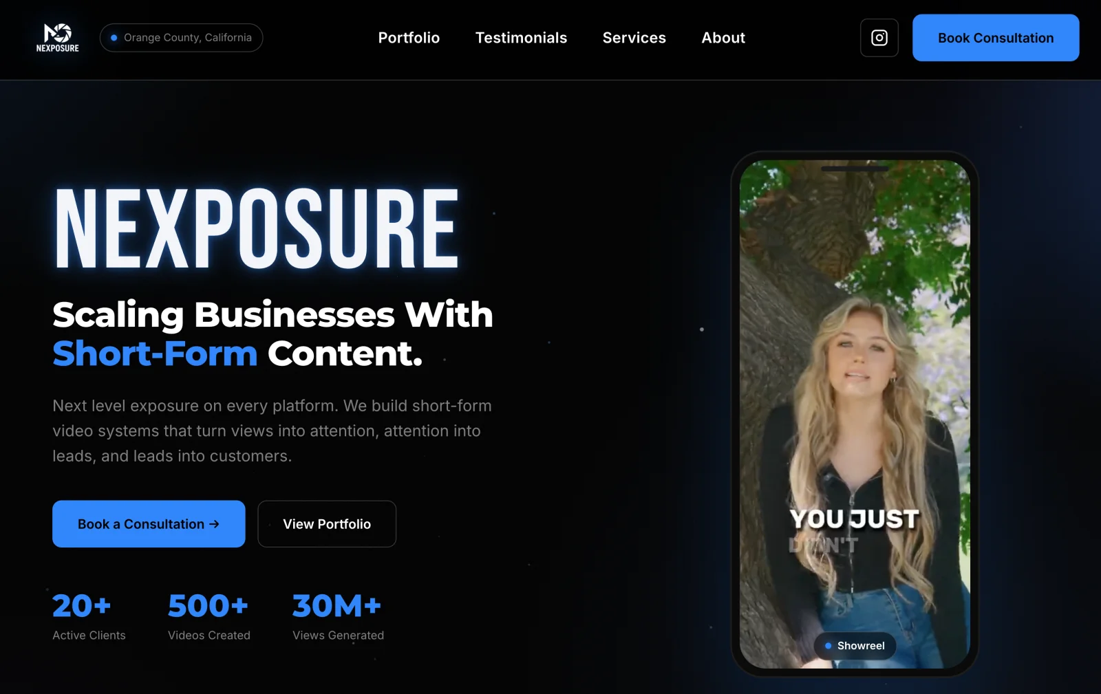 The Nexposure Media website: "Scaling Businesses With Short-Form Content," with 20+ active clients, 500+ videos created and 30M+ views generated