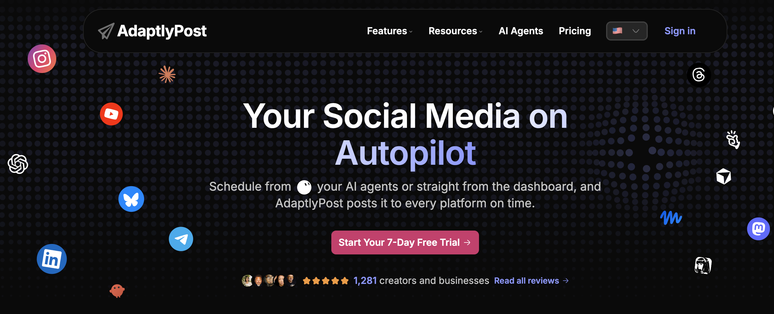 AdaptlyPost homepage for scheduling social media posts from AI agents
