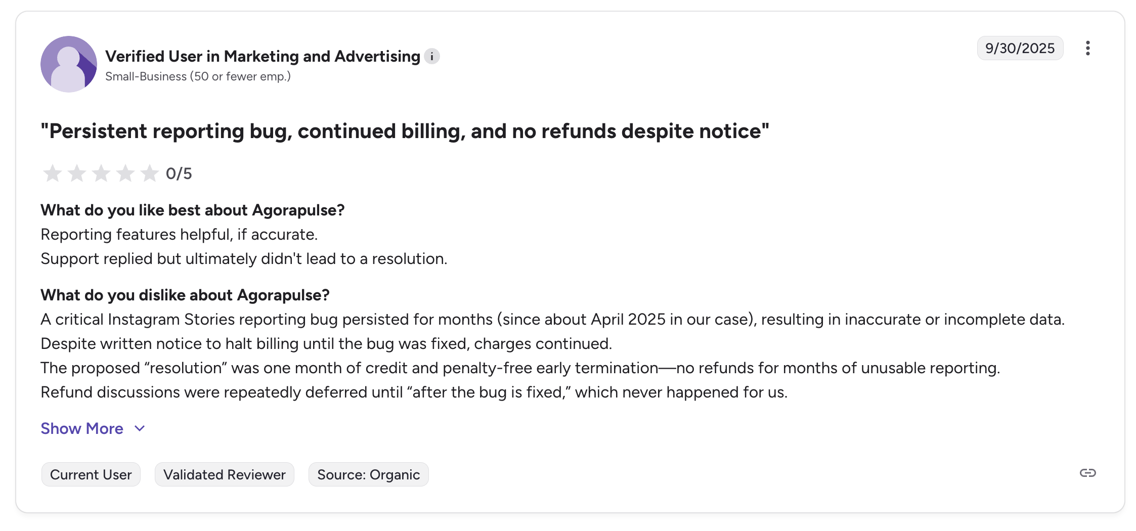 A detailed Agorapulse review on G2 titled "Persistent reporting bug, continued billing, and no refunds despite notice" with a 0 out of 5 rating, describing months of inaccurate reporting data and continued billing despite written complaints.