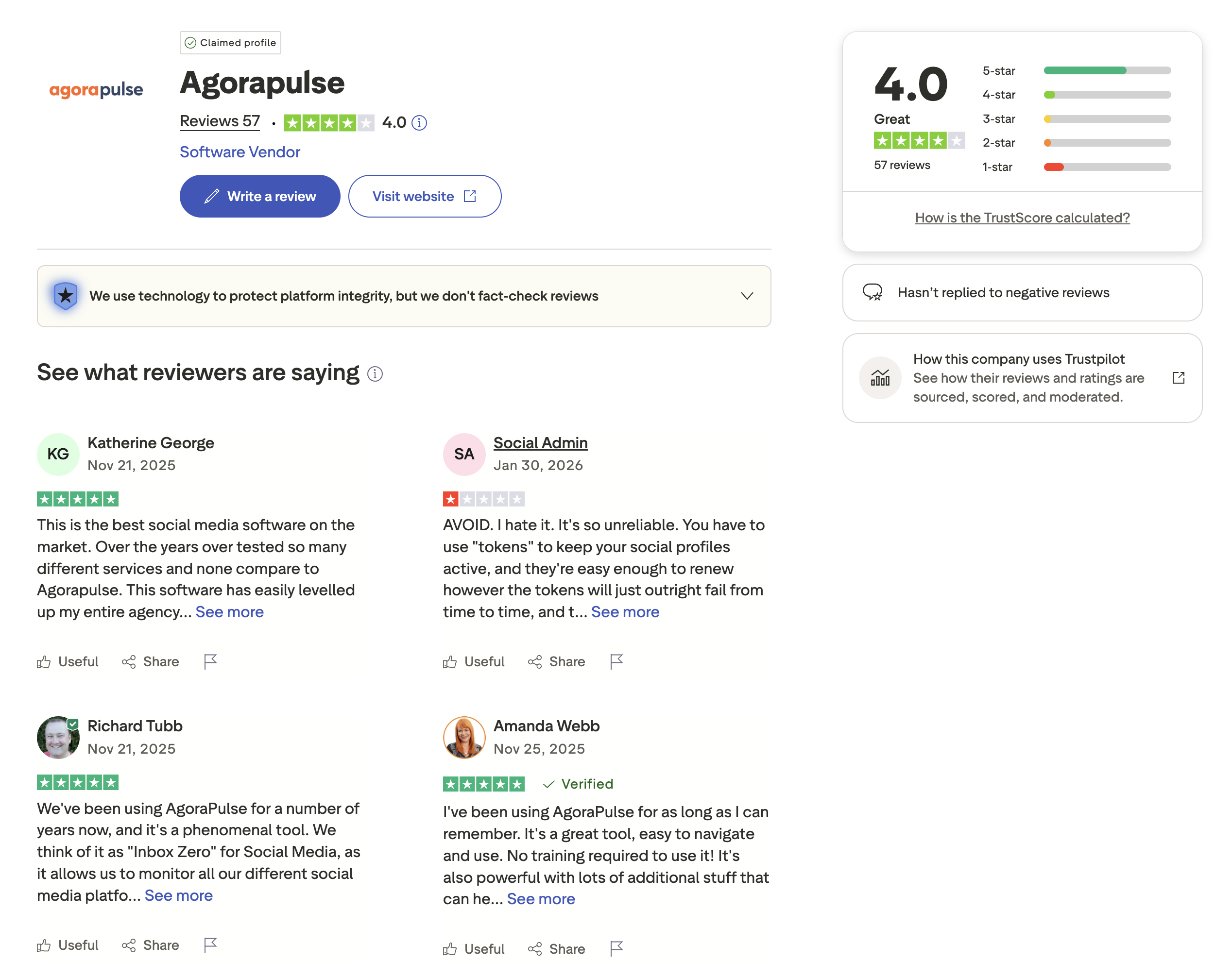 Trustpilot page showing Agorapulse with a 4.0 rating from 57 reviews, with polarized feedback between 5-star and 1-star reviews.