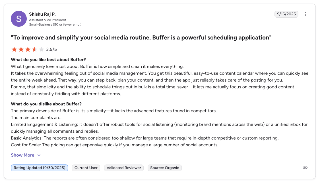 A detailed Buffer review on G2 highlighting ease of use and scheduling convenience but criticizing limited features, basic analytics, and pricing concerns.