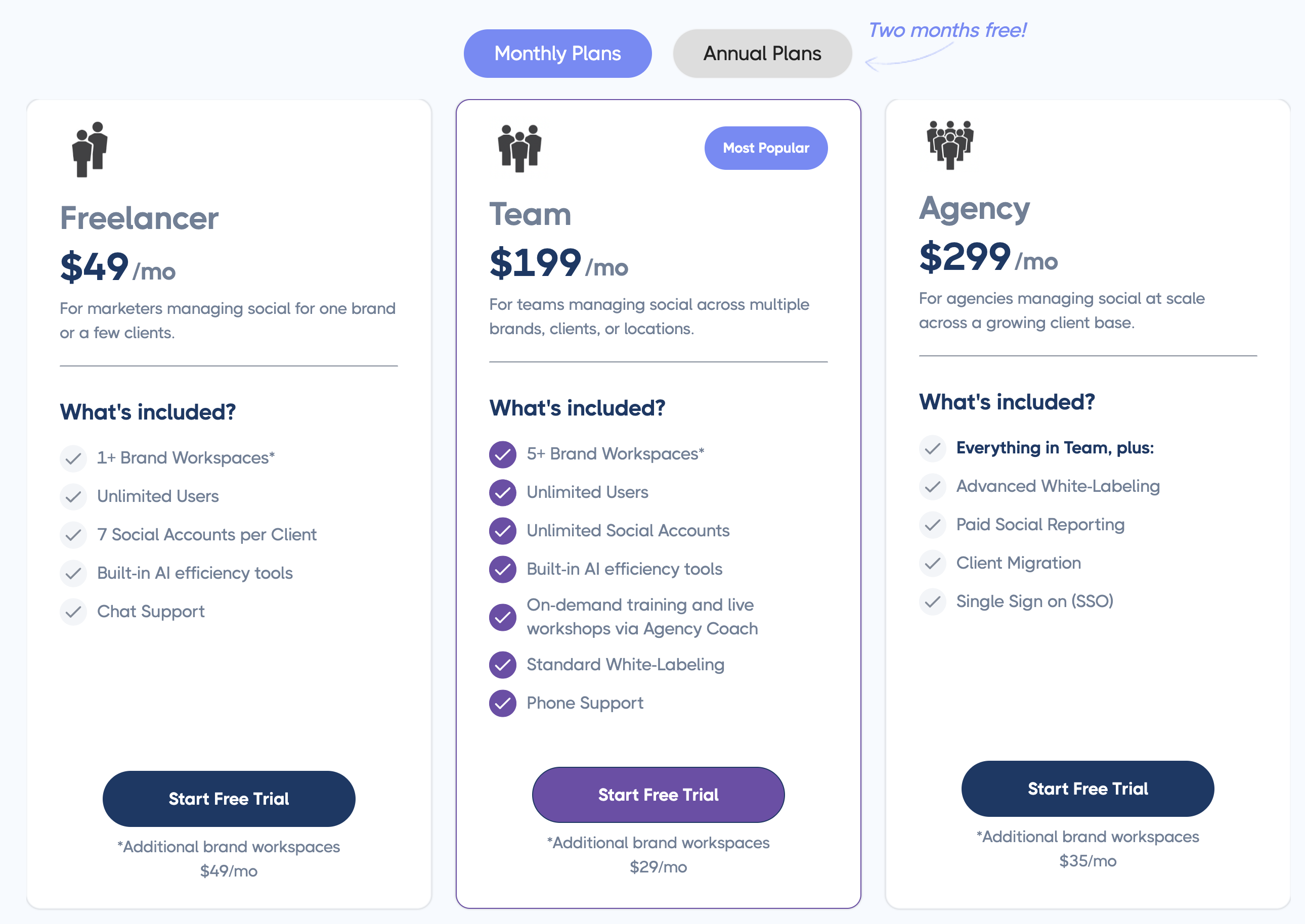 Cloud Campaign pricing page showing the Freelancer plan at $49 a month, Team at $199 a month and Agency at $299 a month