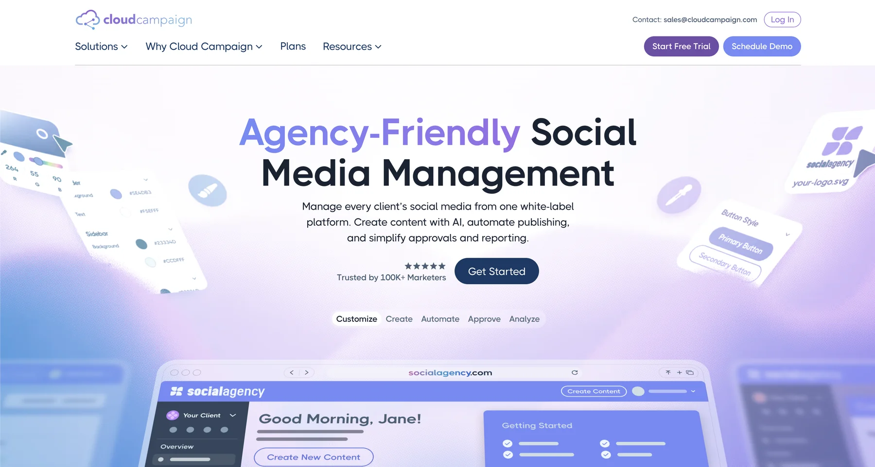 Cloud Campaign homepage describing it as agency-friendly social media management with one white-label platform for every client
