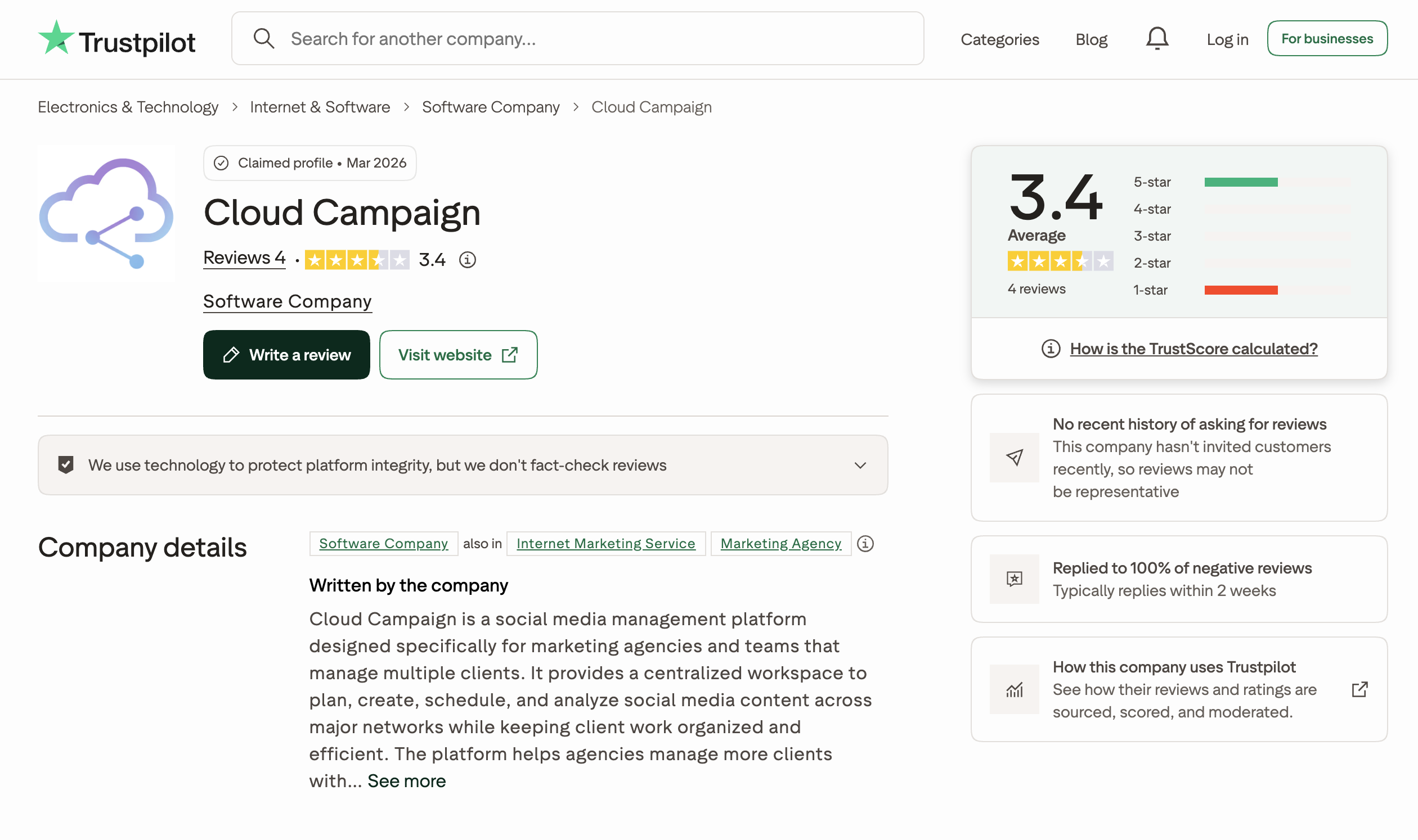 Trustpilot page for Cloud Campaign showing a 3.4 out of 5 TrustScore from 4 reviews