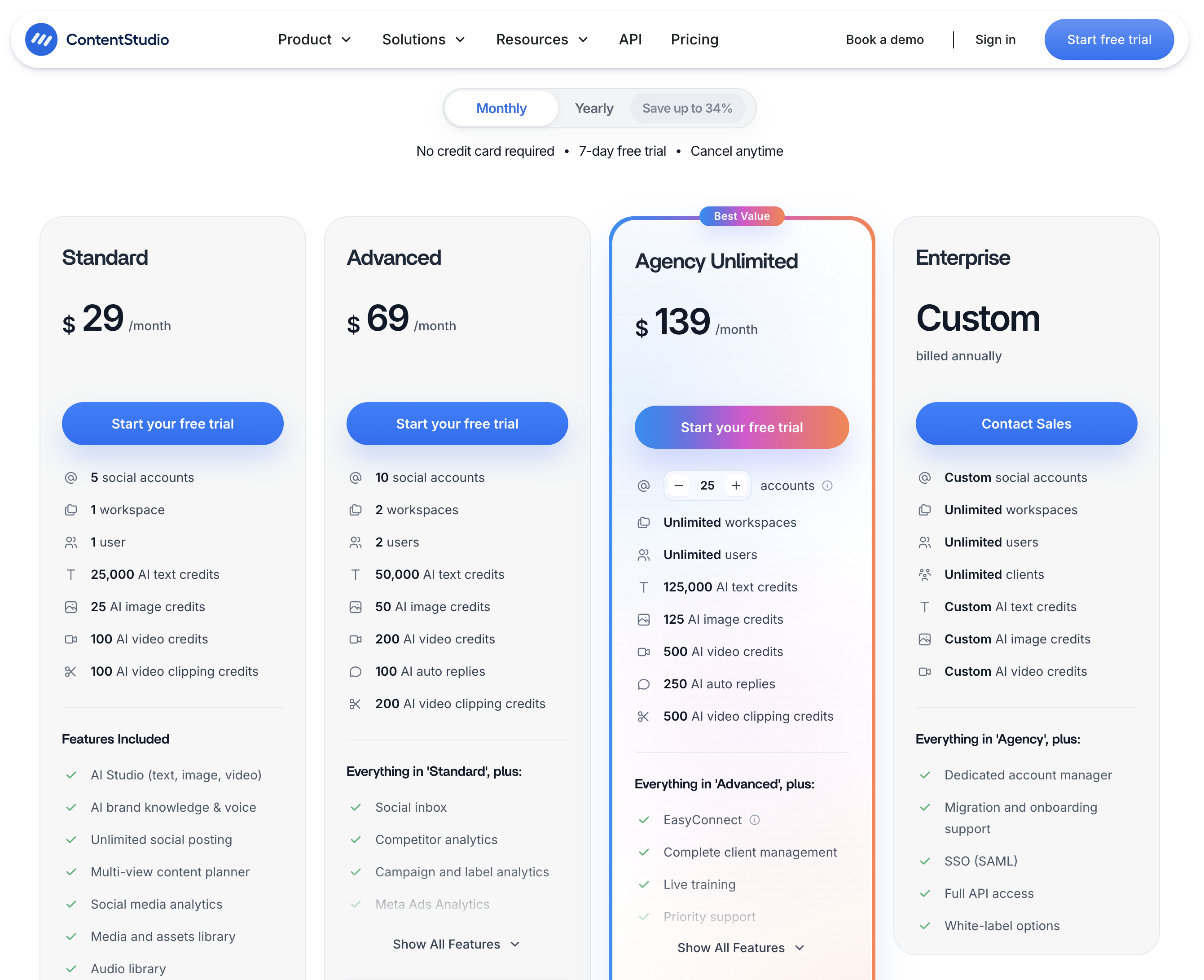 ContentStudio pricing plans compared across Standard, Advanced and Agency Unlimited tiers