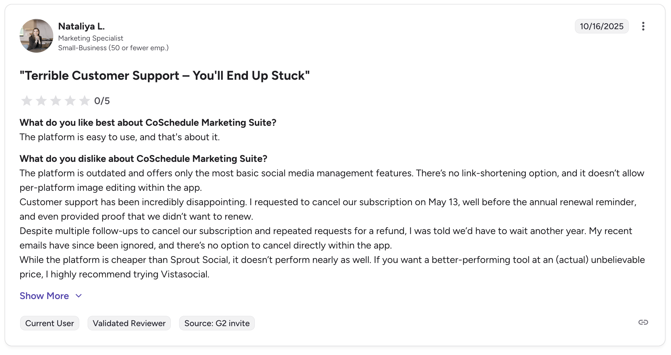 A detailed CoSchedule review on G2 showing a 0-star rating highlighting terrible customer support, subscription cancellation issues, and outdated features.