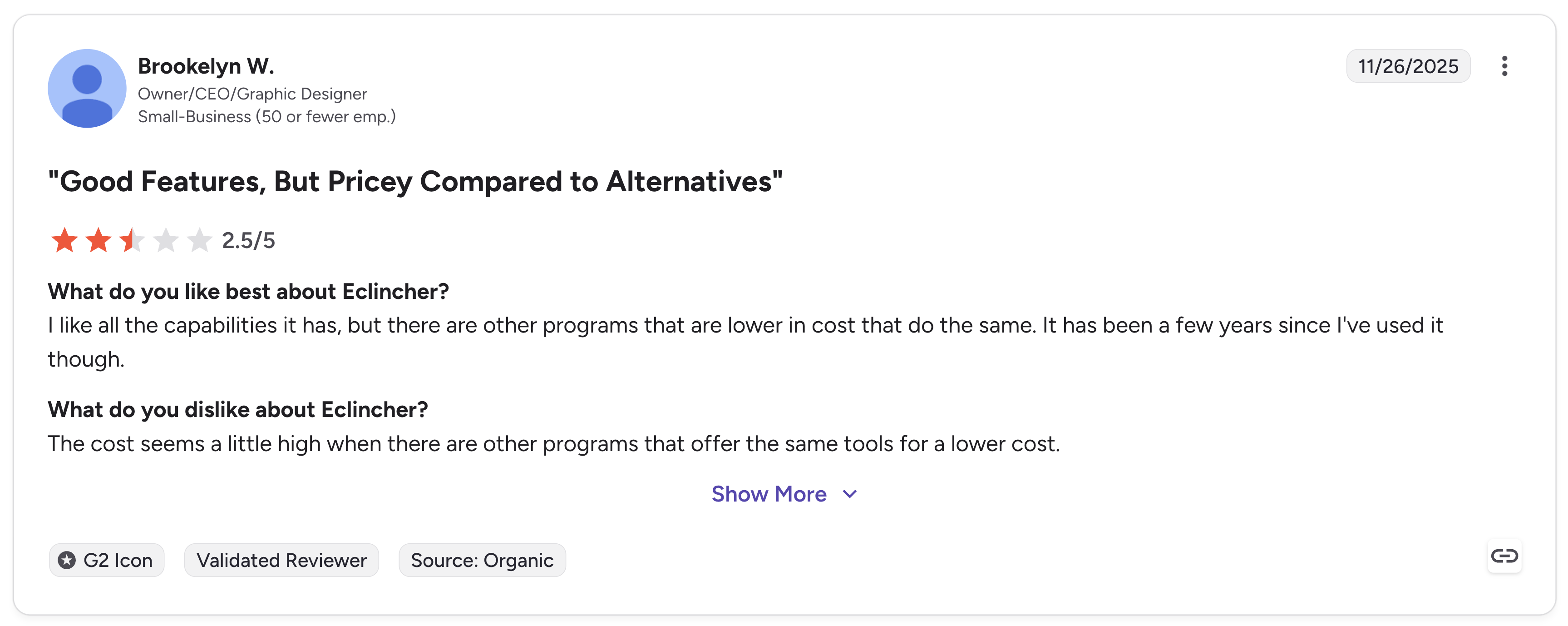 eClincher G2 review titled "Good Features, But Pricey Compared to Alternatives" with 2.5 out of 5 rating from a Small-Business reviewer in November 2025