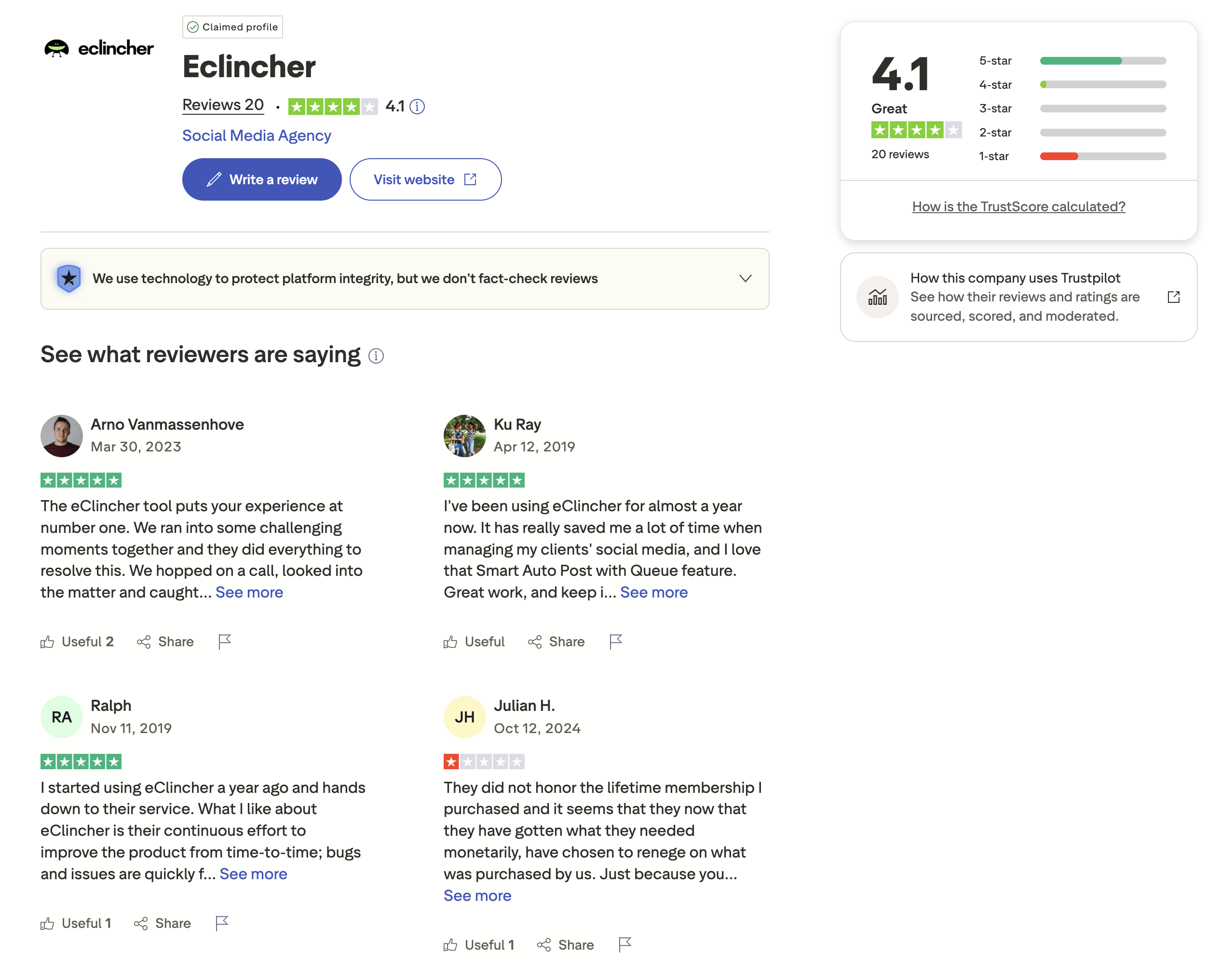eClincher Trustpilot page showing 4.1 out of 5 ("Great") from 20 reviews with a mix of 5-star praise and a verified Oct 2024 1-star complaint about lifetime-plan termination