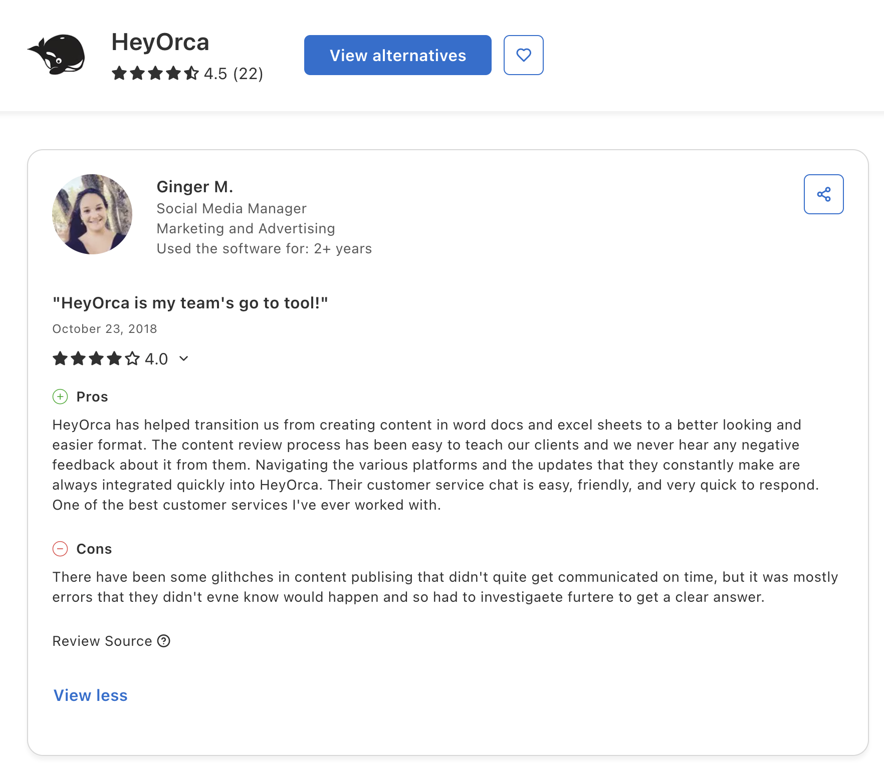 HeyOrca Capterra review titled "HeyOrca is my team's go to tool!" with 4.0 out of 5 rating from Ginger M., Social Media Manager with 2+ years of use