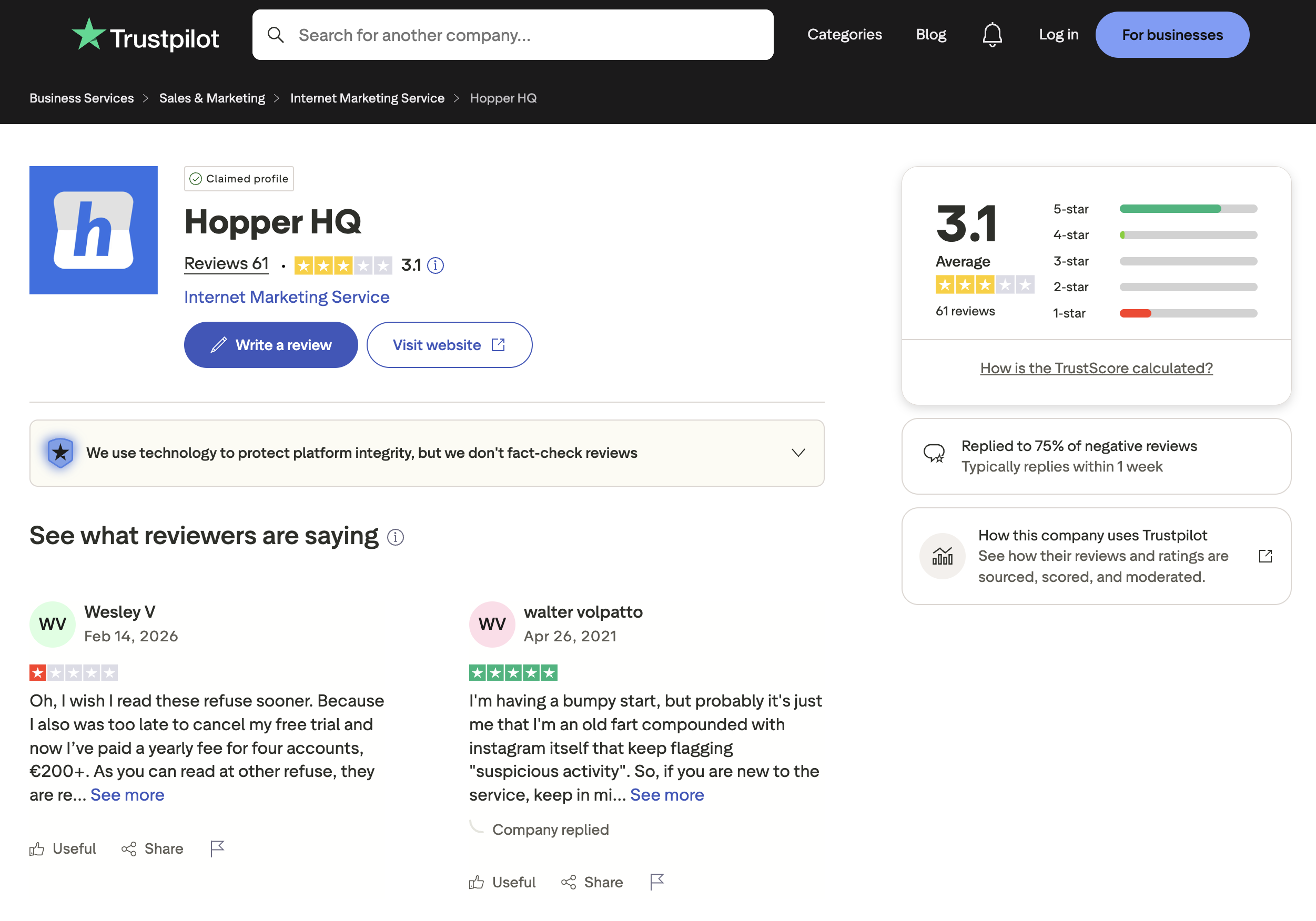 Hopper HQ Trustpilot page showing 3.1 out of 5 ("Average") from 61 reviews with recent 1-star reviews flagging trial-to-paid refund issues
