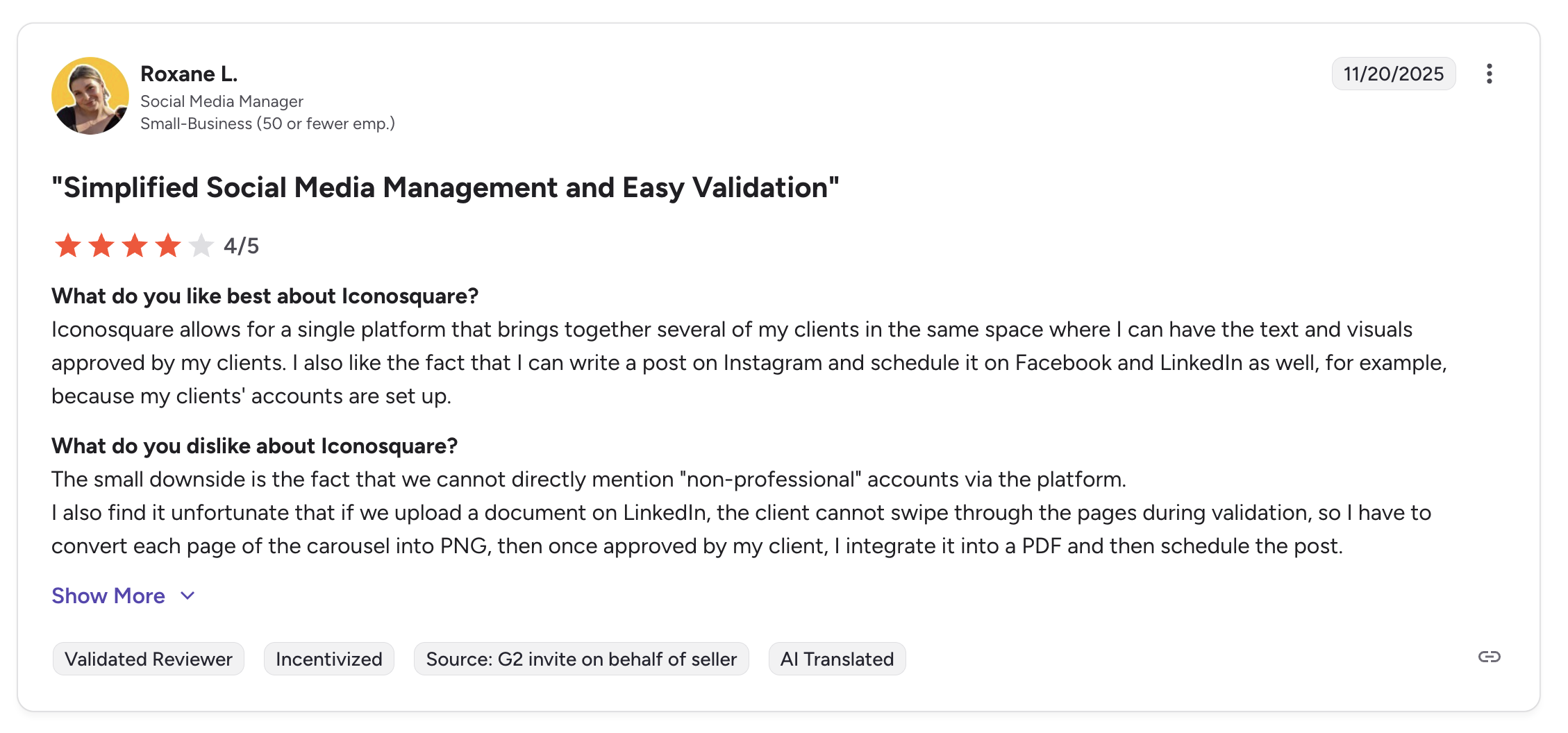 A detailed Iconosquare review on G2 highlighting centralized client management and easy validation, but criticizing LinkedIn carousel limitations and non-professional account restrictions.